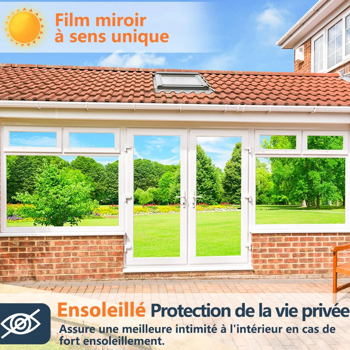 Film Fenetre Anti Regard Anti Chaleur Effet Miroir Anti UV Kit Pose Protection Vie Privée Soleil Maison Bureau Balcon Magasin 44.5x120cm 2 Rouleaux
