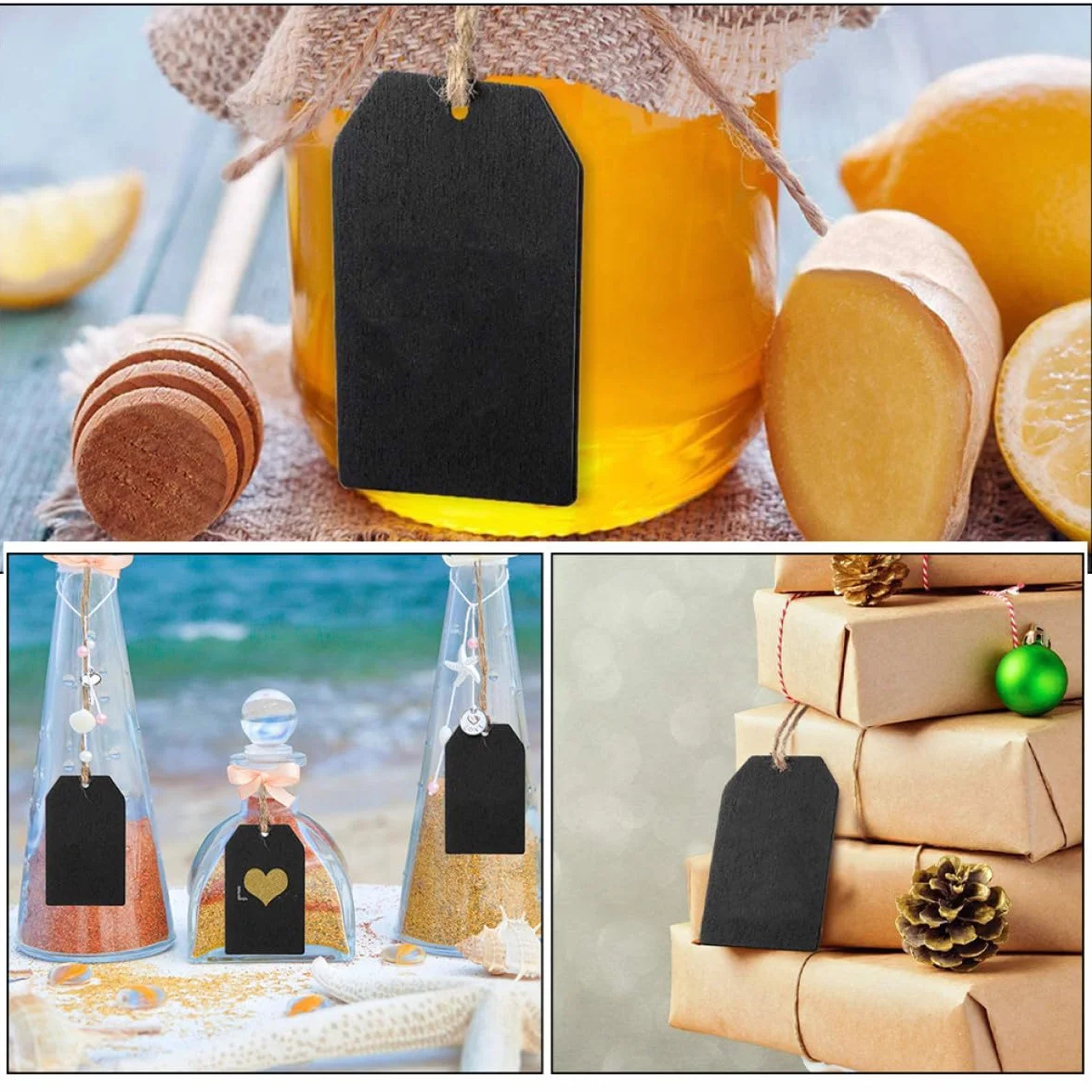 NUOBESTY 32pcs Étiquettes Mini Ardoise en Bois Foncé Double Face Effaçables avec Cordelette