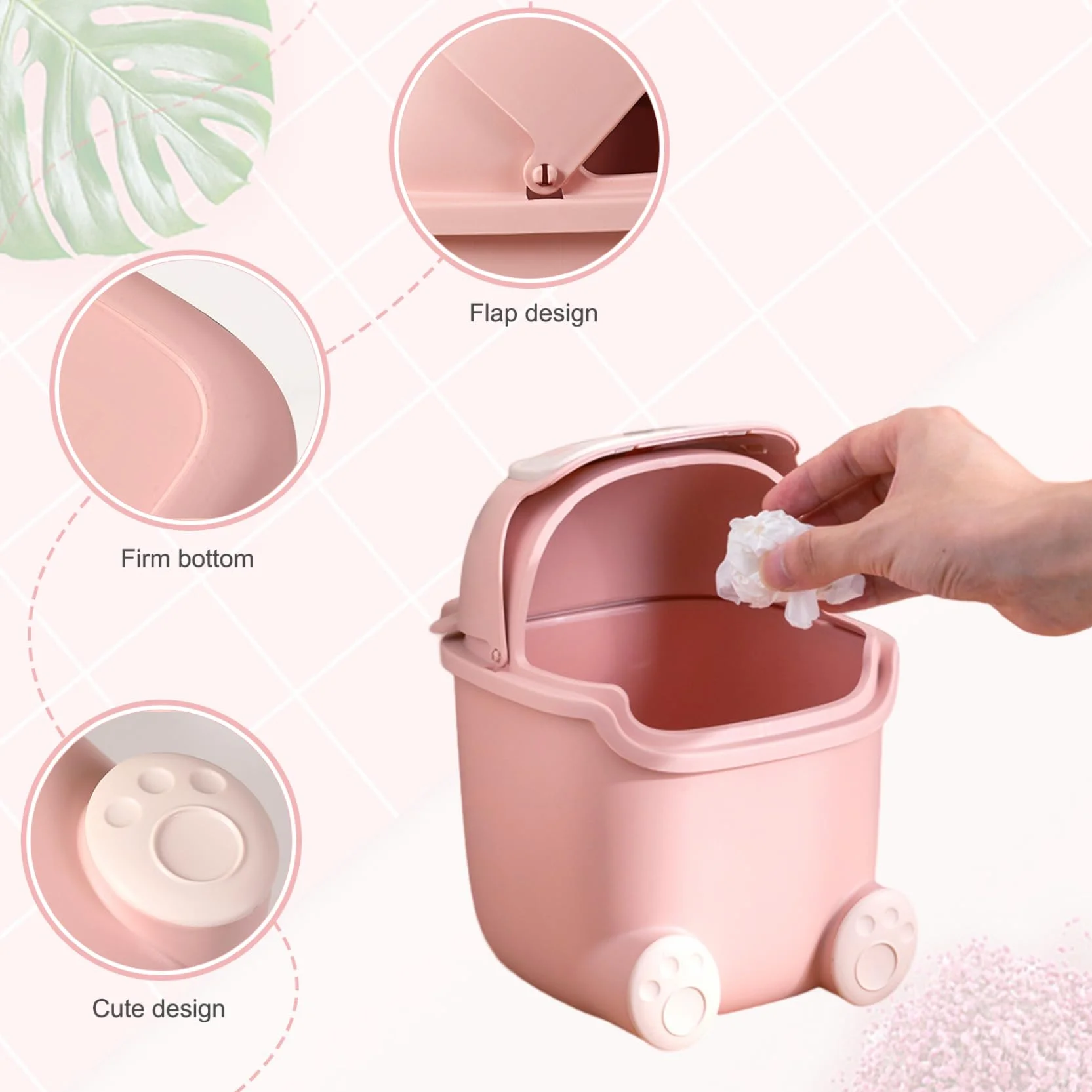 Poubelle en Plastique 2 Litres Mignonne pour Chambre Bureau Chat Enfants Rose