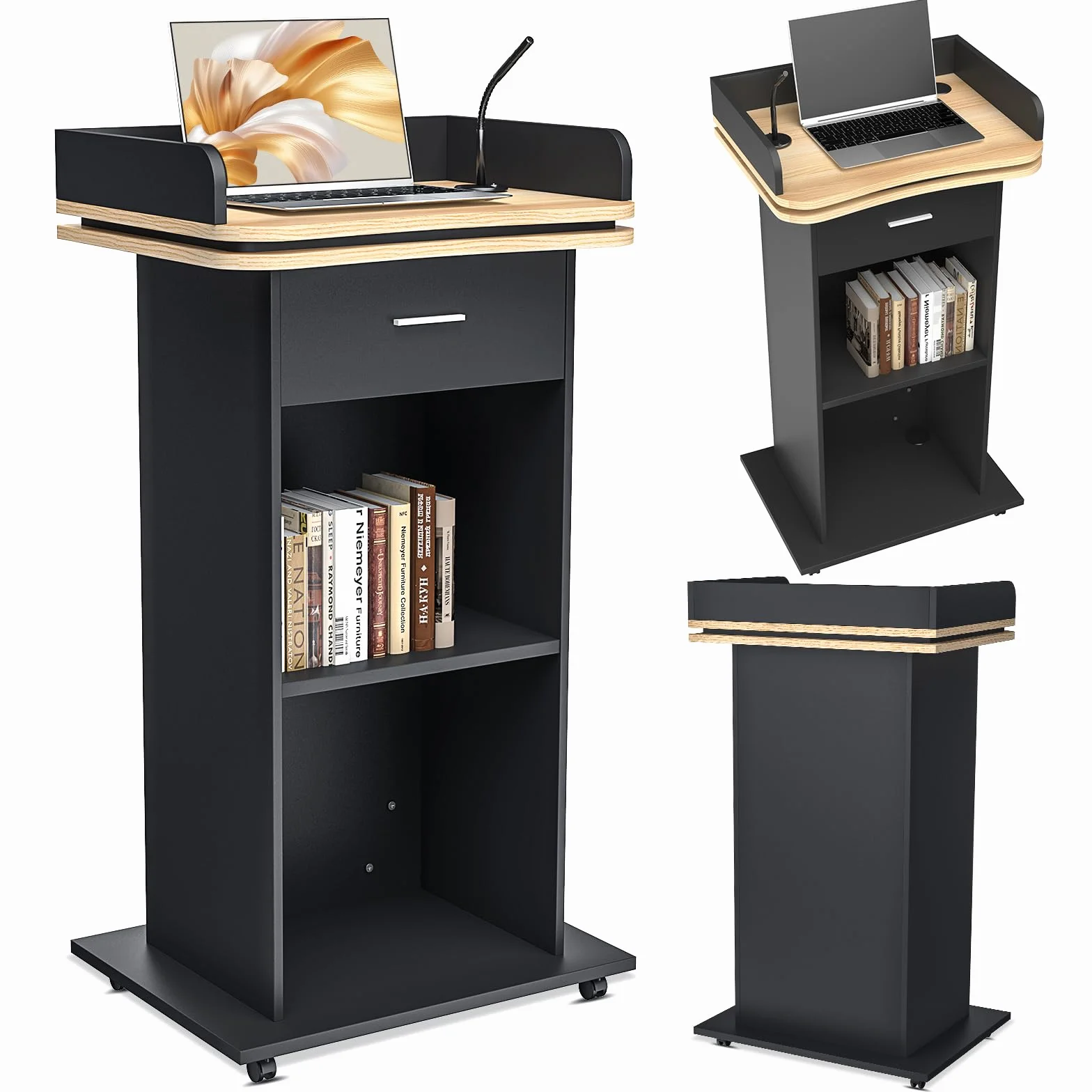 Podium en bois massif premium avec tiroir extensible, roues et compartiment double couche pour église, conférence, école