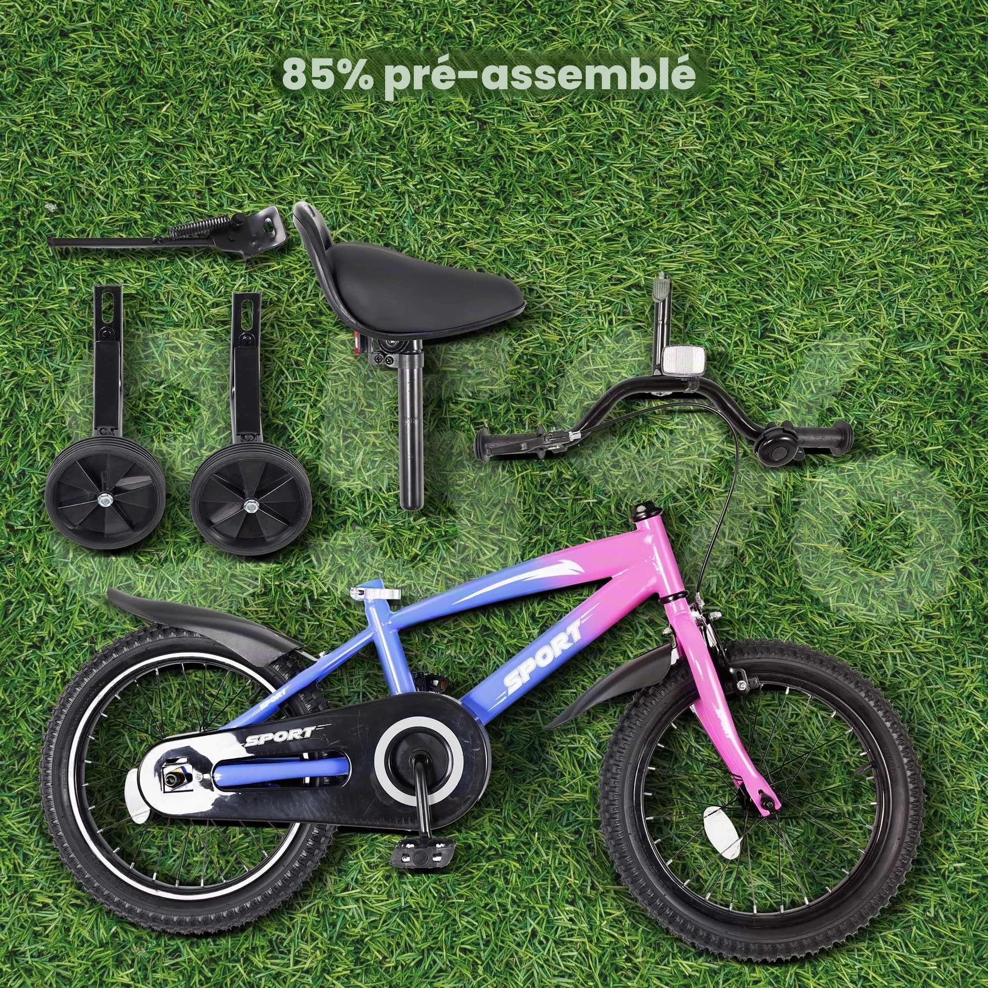 BODIOO Vélo enfant 16 pouces pour garçons et filles avec siège réglable, roues stabilisatrices, frein à main, frein à rétropédalage et cadre stable pour conducteurs de 104 à 117 cm (dégradé de violet)