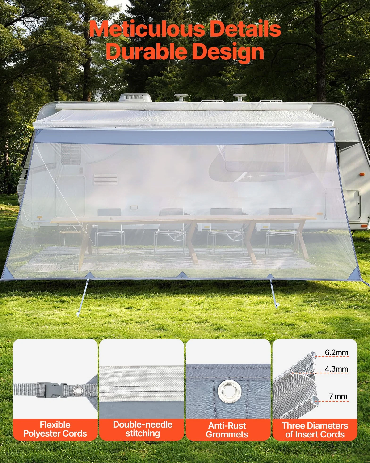 VEVOR Paroi Avant pour Store de Camping-Car de 2x4,3 m, Façade de Store Compatible avec Auvent de 4,5 m, Pare-Soleil pour Caravane Camping Voyage, en Maille Polyester Respirant, Double Couture