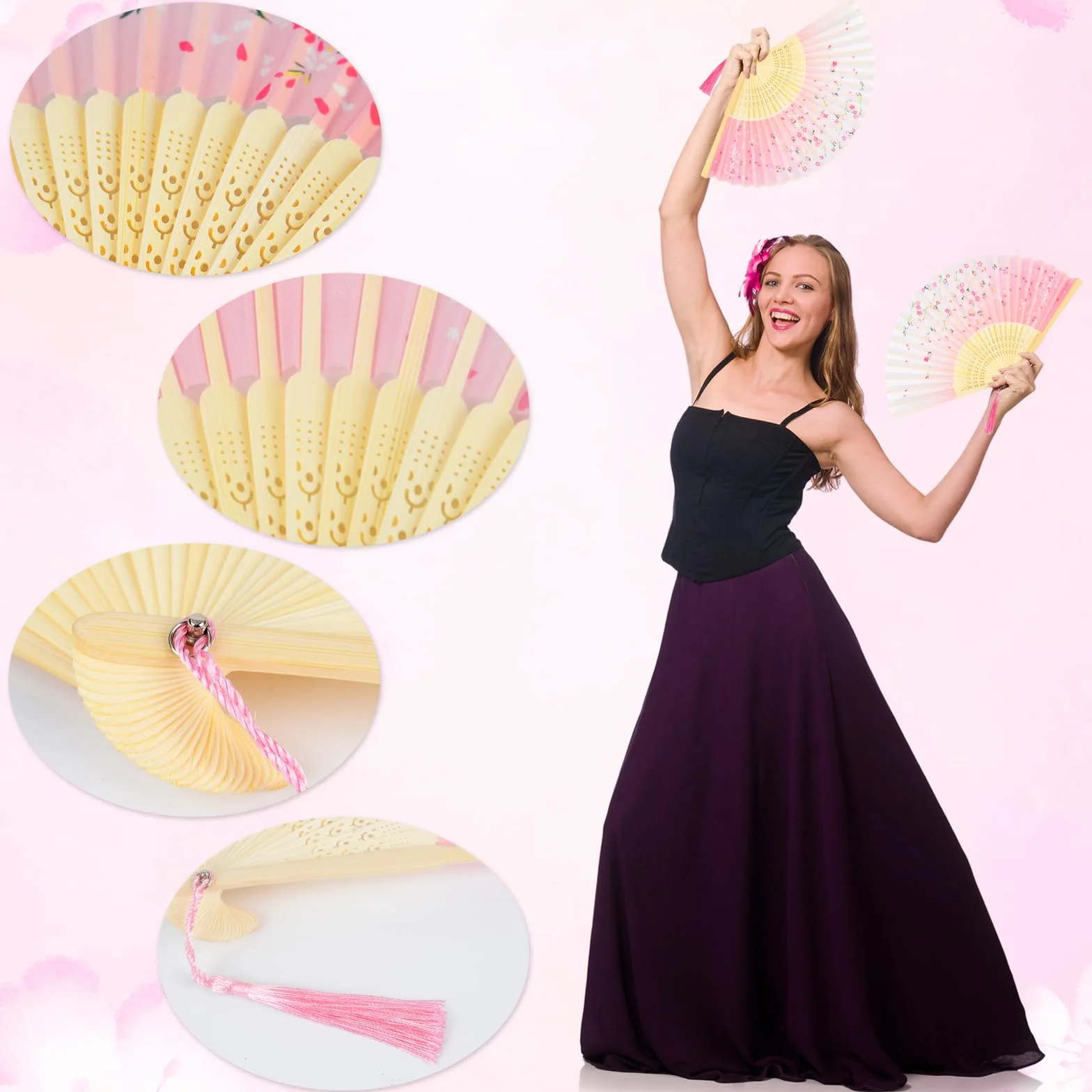 KEYIDO Rose Eventail Japonais Éventail Solide Bois Tissu Soie Bambou Chinois Plié avec Frange pour Femme