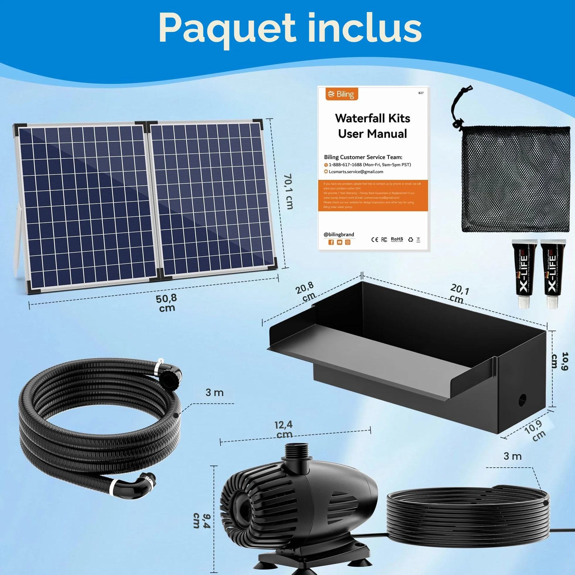 Biling Kit cascade solaire bassin jardin acier inoxydable 20 cm pompe 2100 l/h