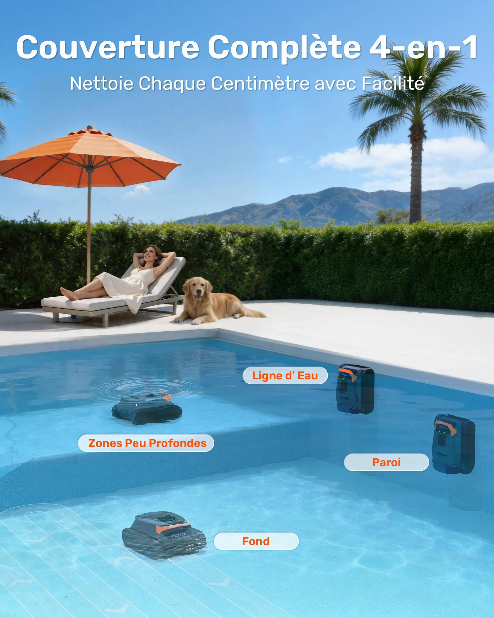 Gosvor LiteVac G1 Robot Piscine Fond et Parois, 6,9 kg Ultra Léger, 200 Min Autonomie, Double Filtration, Navigation Intelligente, App, 200 m² Orange
