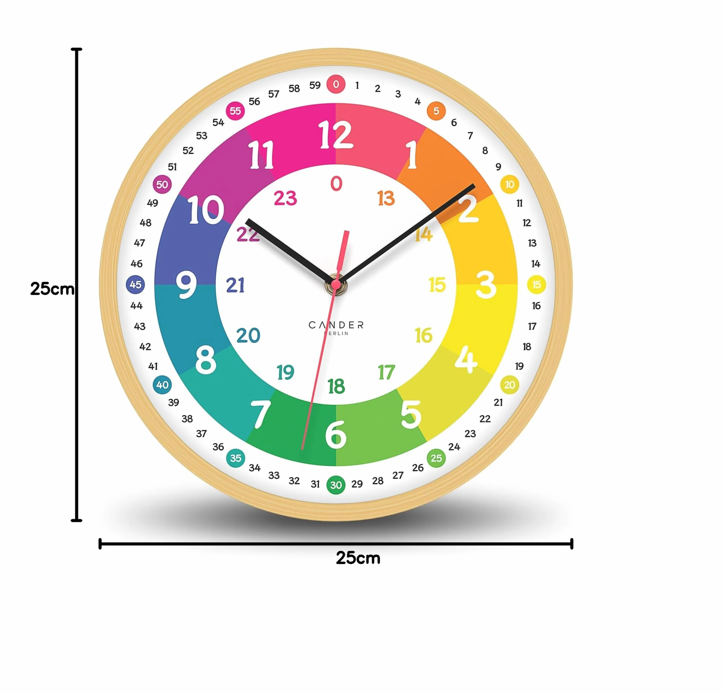 Cander Berlin MNU 2425 R Horloge murale silencieuse enfant bois apprentissage analogique sans tic-tac Multicolore 25 cm