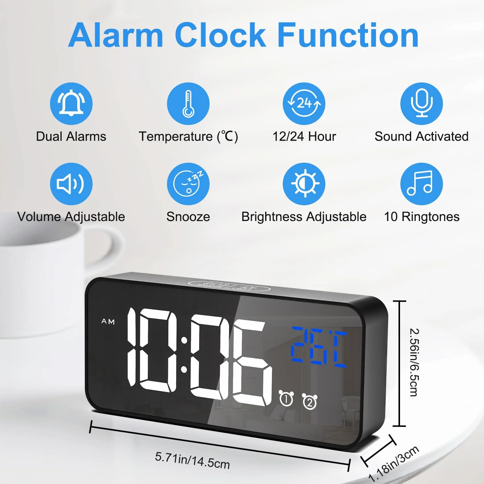 CHEREEKI Réveil Numérique LED avec Température, Snooze, 2 Alarmes, 12/24H, USB
