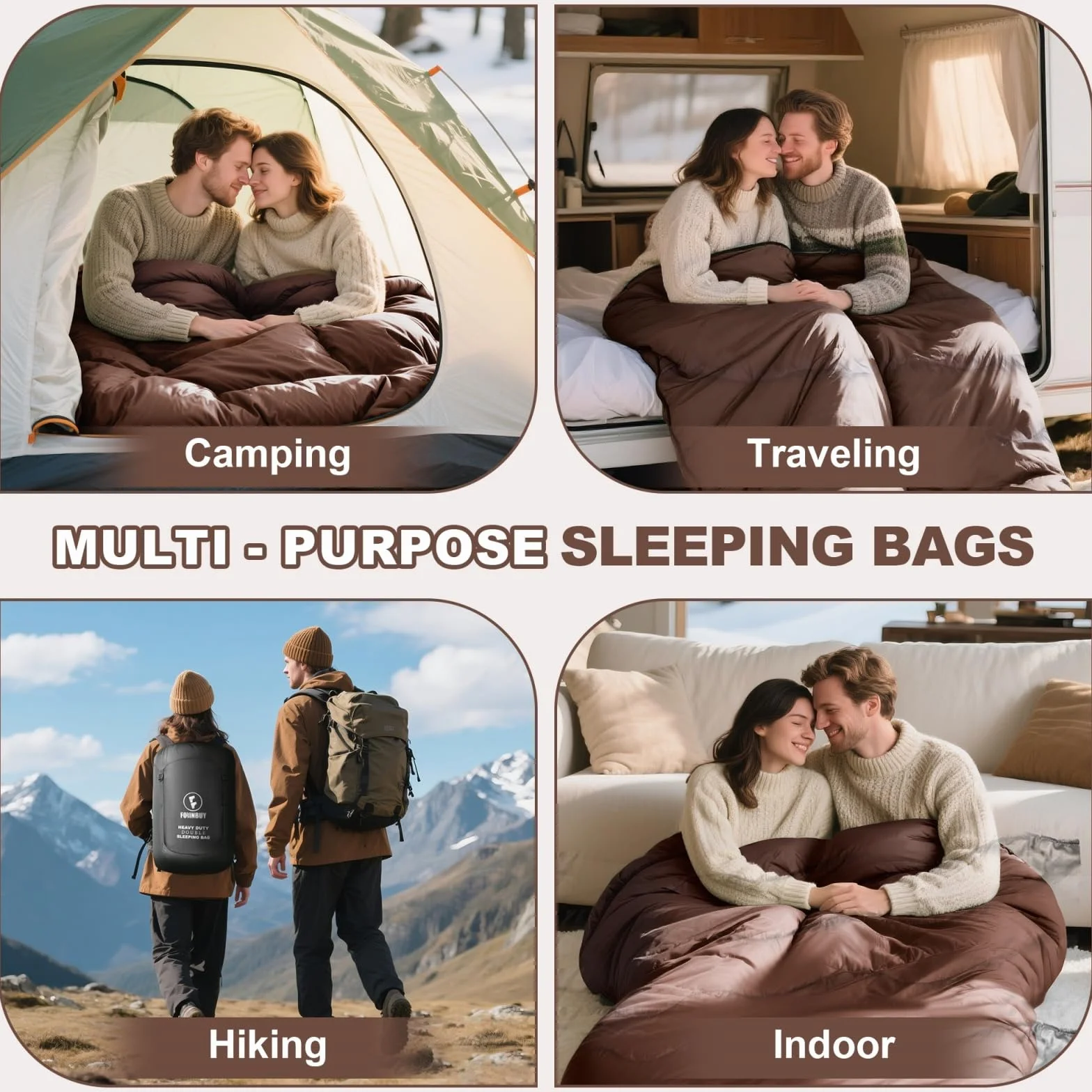 Sac de Couchage Double 2 Personnes Hiver - Flanelle de Coton 100%, Chaud et Imperméable pour Adulte, Camping Voyage Extérieur Maison