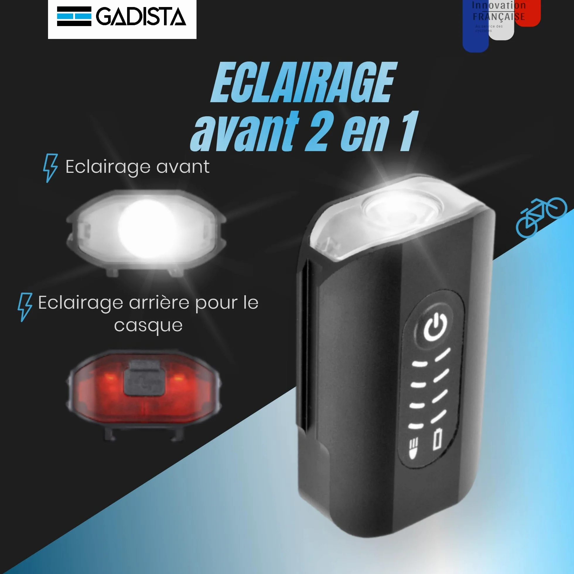 GADISTA France, Set Lumiere Velo Avant et Arriere en Aluminium avec Affichage du Niveau de Batterie d'excellente Fabrication. eclairage Velo puissantes Rechargeable USB, Lampe Velo, Clignotant vélo