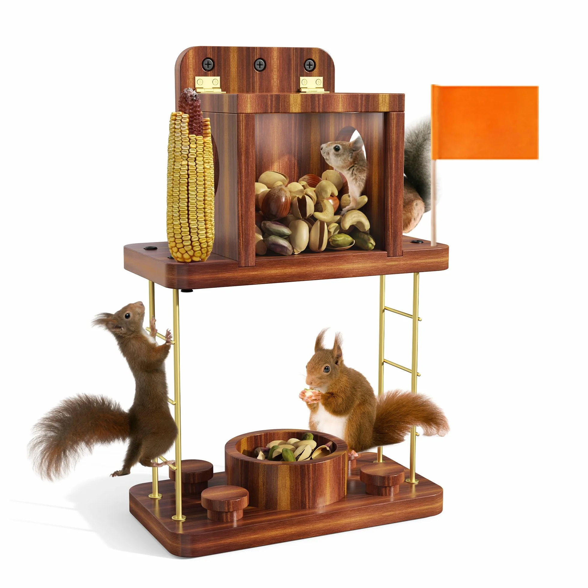 Mangeoire à écureuils en bois pour extérieur, table de pique-nique avec bancs, nichoir de fenêtre pour cacahuètes, maïs, noix (marron)