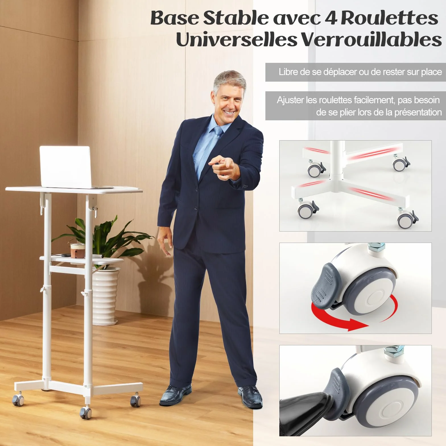 COSTWAY Pupitre Debout Mobile 104,5-128,5 cm Bureau Incliné Réglable avec Rebord et Étagère (Blanc)