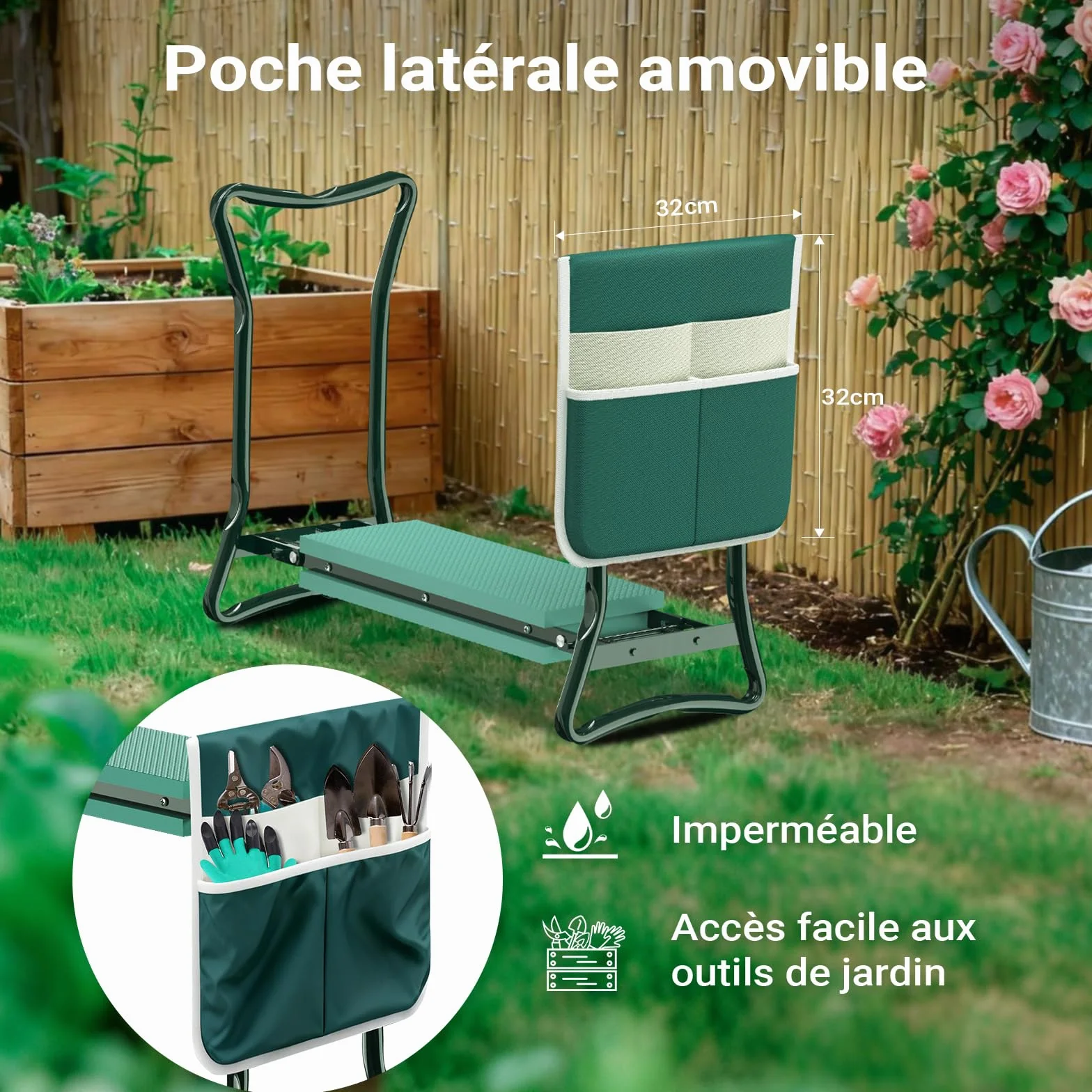 WilTec Tabouret de Jardinier 2 en 1 Pliable 600x280x490 mm 150 kg Fer EVA Agenouilloir Jardinage avec Poche