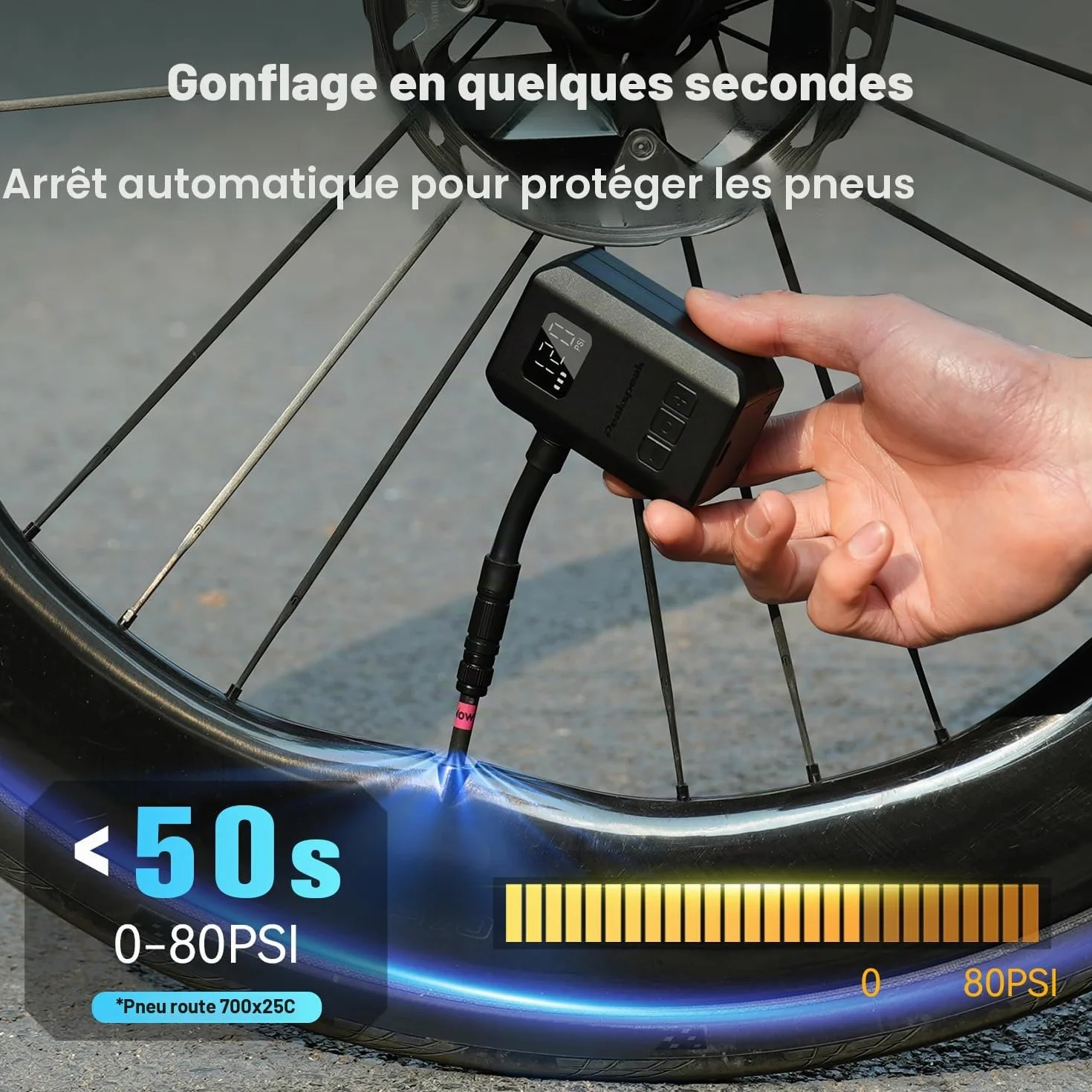 Peakspeak Mini Pompe à vélo AS260PRO, Pompe à vélo avec manomètre et Auto-Stop, Rechargeable USB-C, gonflage précision valves Presta/Schrader, vélo Route, VTT et Moto