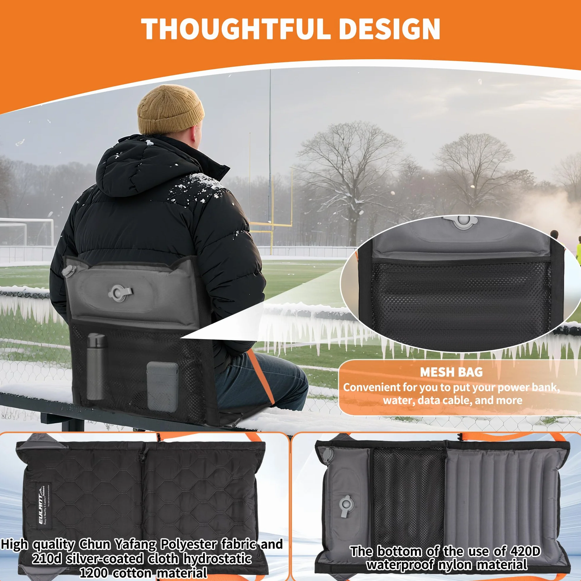 EULANT Coussin de Stade Gonflable avec Dossier, Résistant à l'eau Sièges au Sol avec Dossier, Chaise Plage pour Camping Kayak Randonnée Evénements Sportifs Concerts