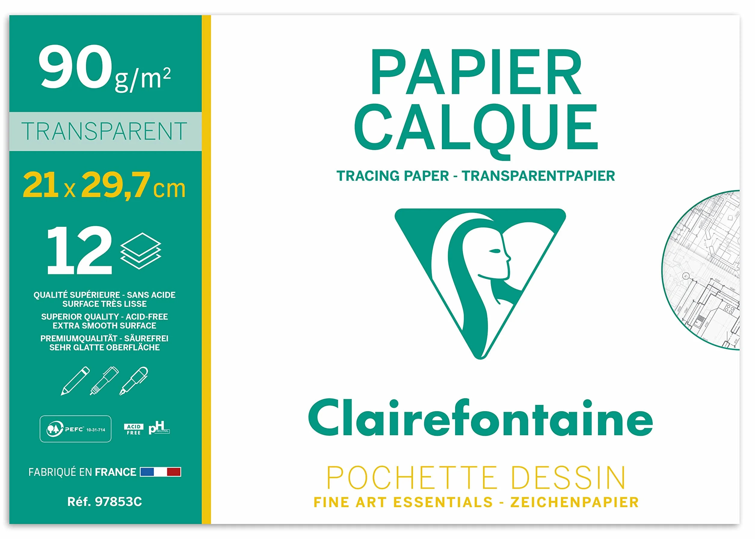 Clairefontaine Pochette Dessin Scolaire Papier Calque A4 21x29,7 cm 90/95g 12 Feuilles