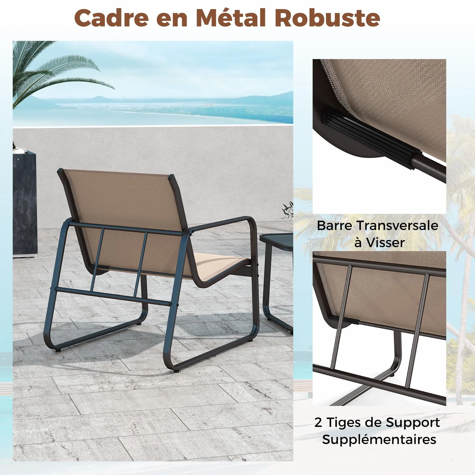 GOPLUS Salon de Jardin 2 Personnes, 3 Pièces Table Basse avec 2 Fauteuils, Cadre Métallique