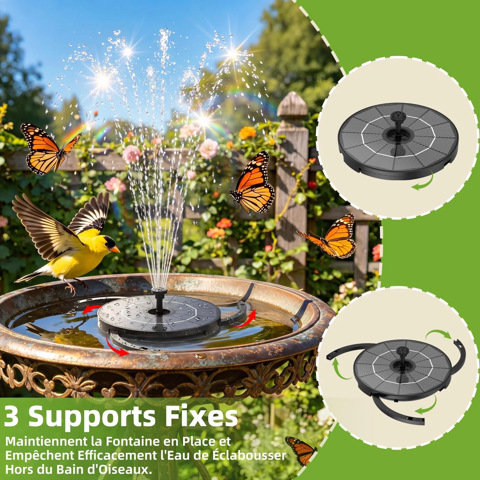Fontaine Solaire Exterieure de Jardin 2,8W 2 en 1 avec Panneau Solaire Amovible Support Fixe 6 Buses