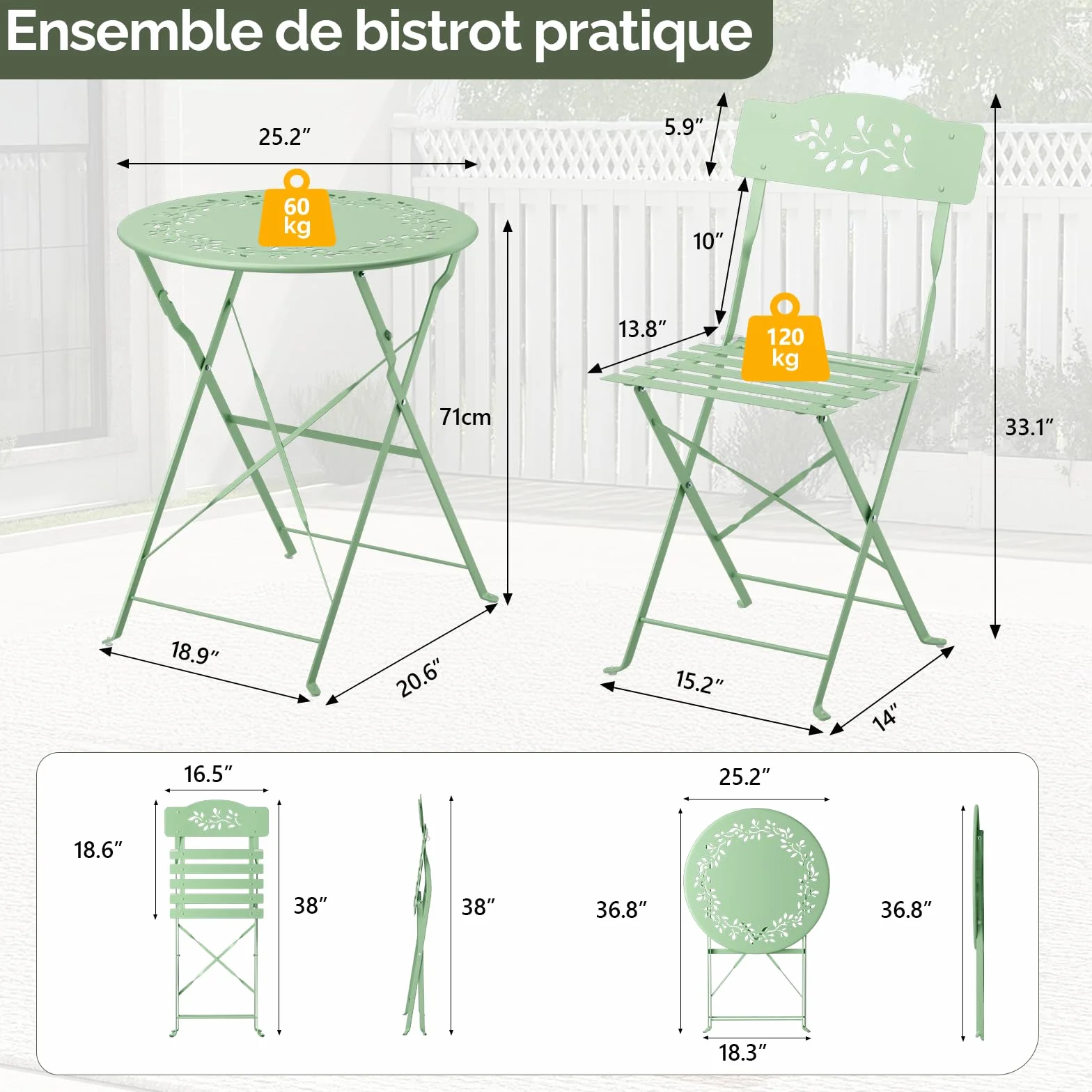 Bonnlo Set de Bistrot Pliant 3 Pièces Table et Chaise de Jardin Exterieur Vert Clair