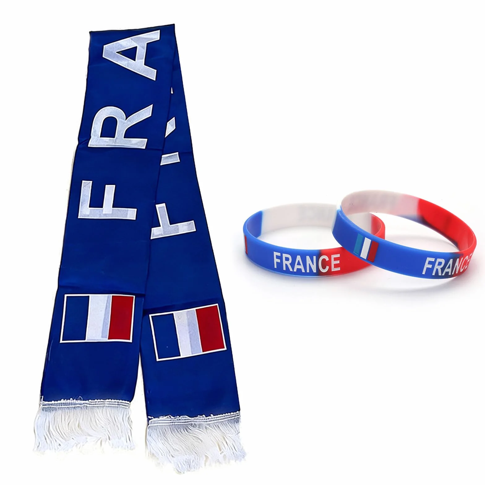 Écharpe de Supporter avec 2 Bracelets en Silicone, Kit Accessoire Bleu Blanc Rouge pour Match de Football et Rugby, Idée Cadeau pour Supporters Homme et Enfant