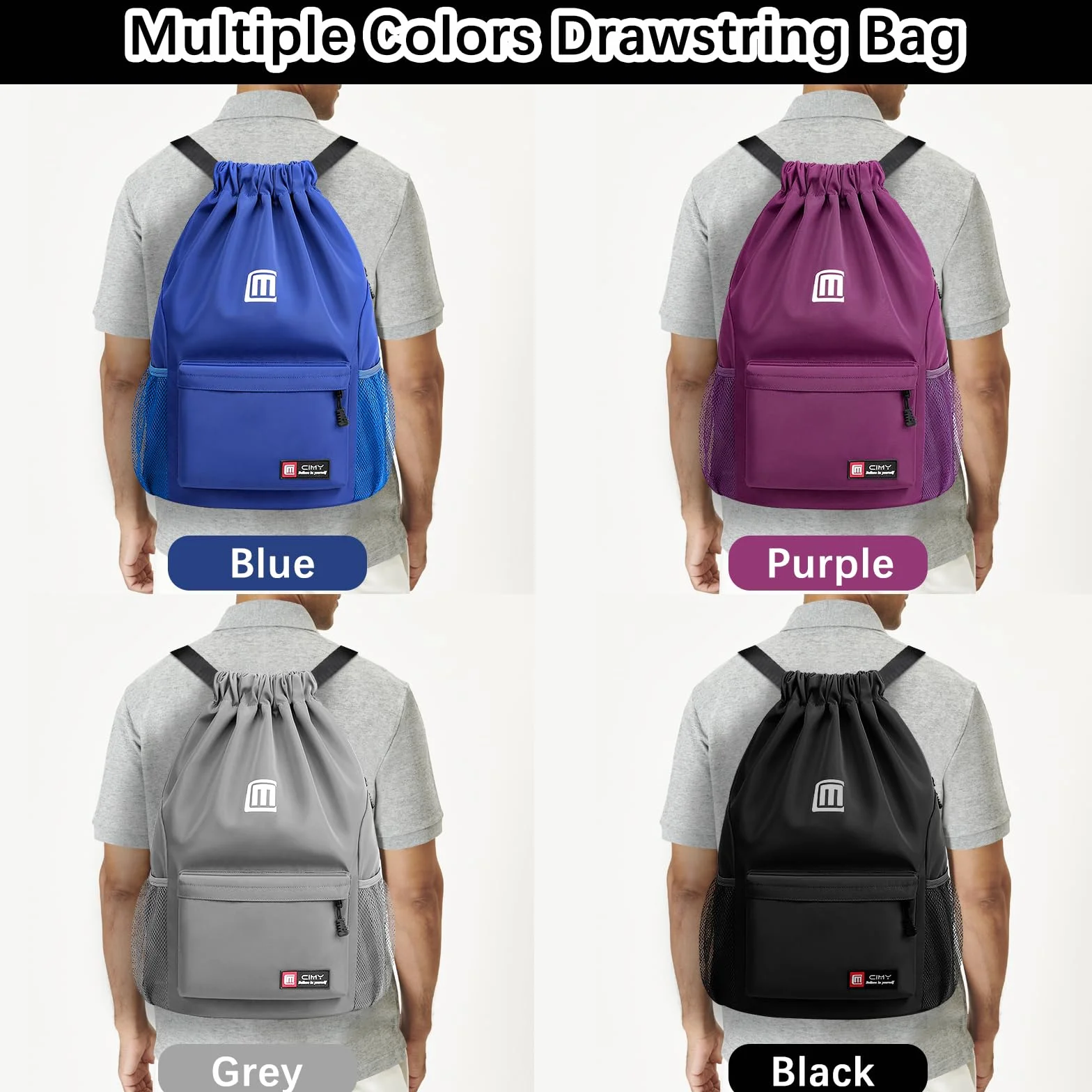 Sac à Dos Cordon Grand, Sac de Sport Imperméable pour Homme Femme Sac Cordon Sac à Dos pour Shopping Yoga Sport Voyage, Gris