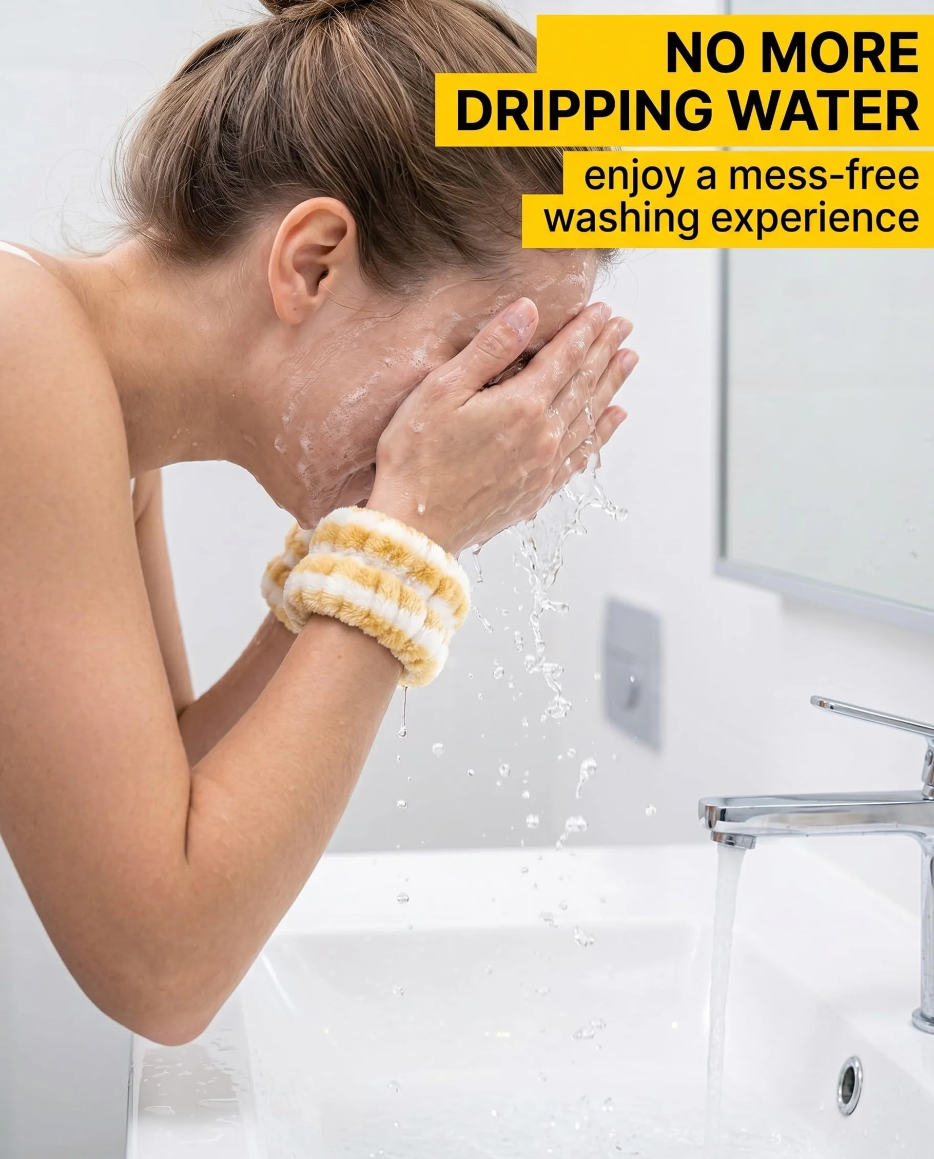 Protège-Poignets Microfibre Absorbants 2 Paires Anti-Goutte Lavage Visage Maquillage Spa Douche Jaune-Blanc Gris-Blanc
