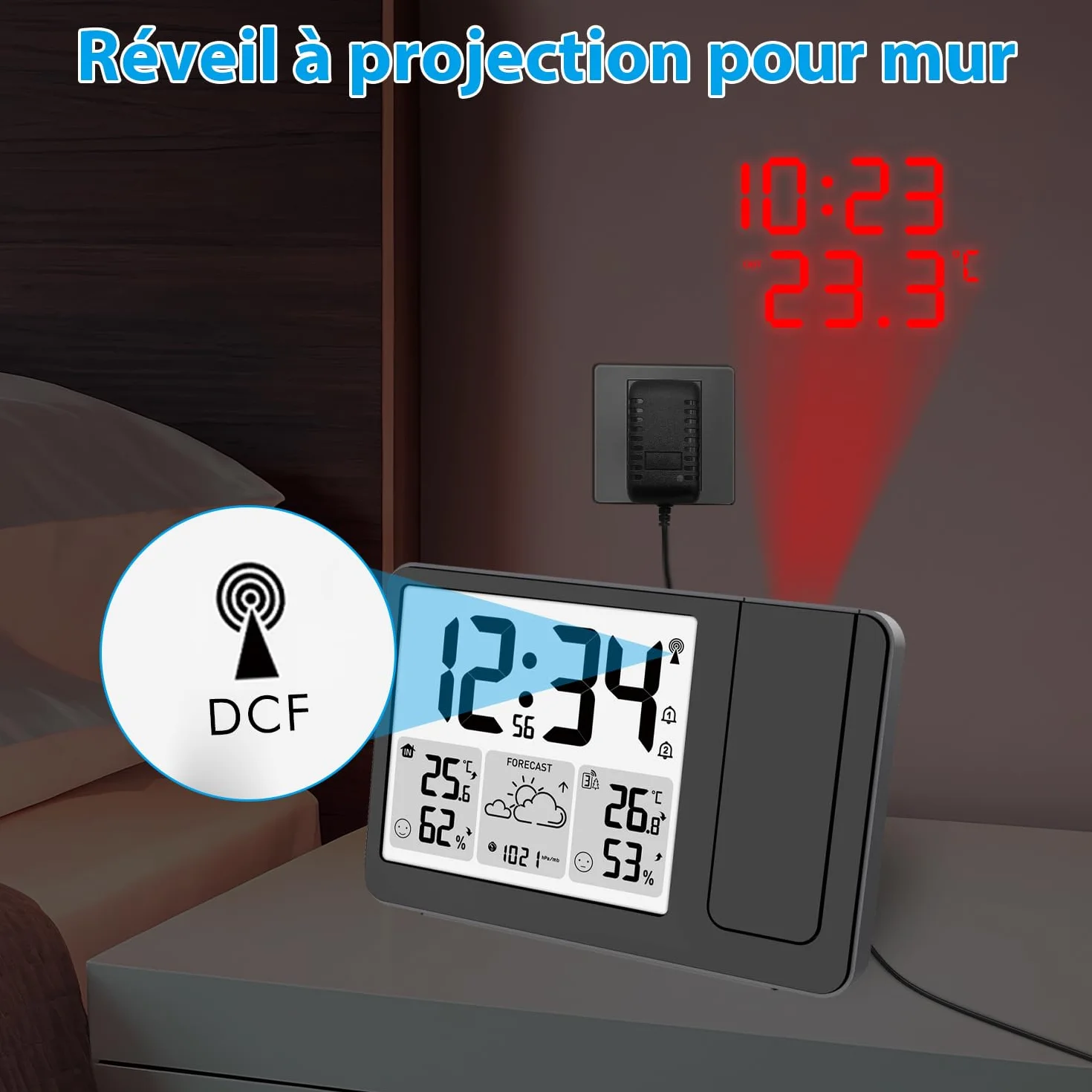 Uzoli EM3539E Réveil à Projection au Plafond avec Station Météo, Horloge Radio-piloté, Projecteur Rotatif 180°, Température, Humidité