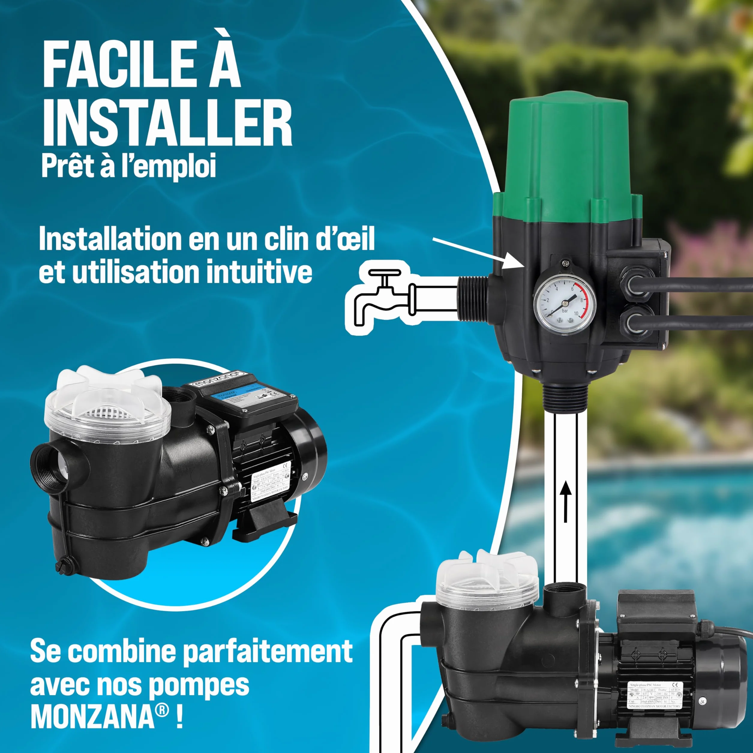 MONZANA Pressostat pompe eau 10 bar protection fonctionnement à sec manomètre interrupteur pression