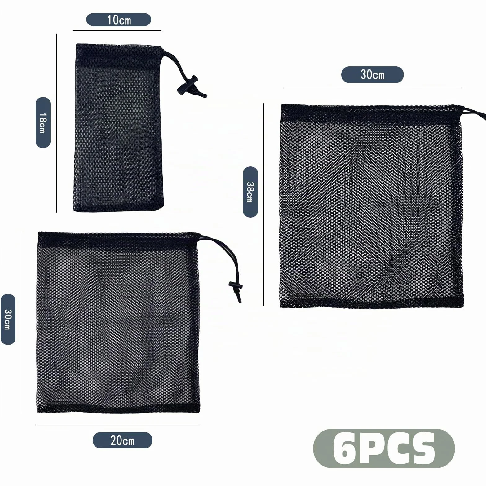 Lot de 6 sacs en maille filet noir pour voyage, cosmétiques, accessoires de sport, rangement des marchandises avec cordon de serrage