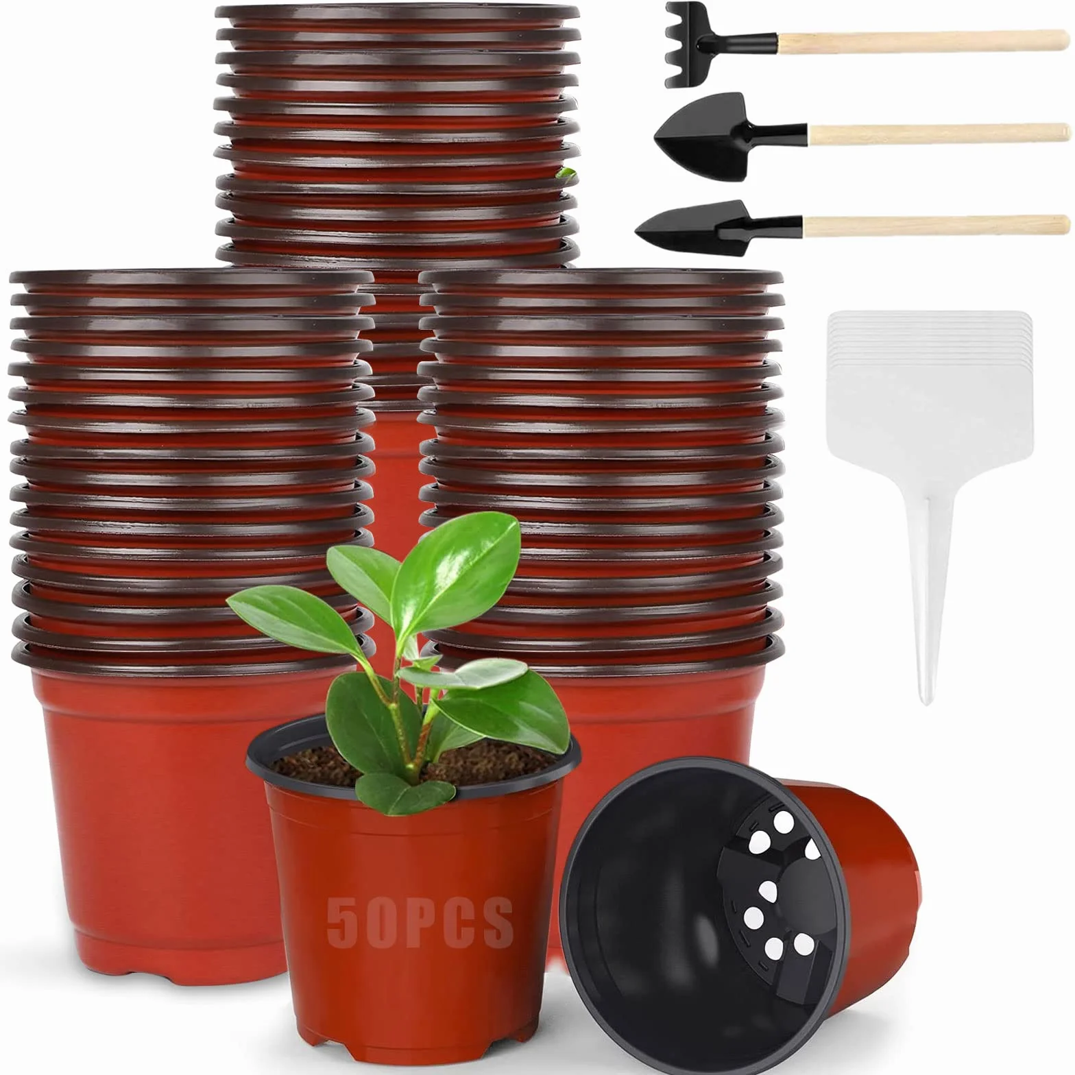 Qunkun 50 Pièces Pots Pépinière 15CM Plastique Réutilisables avec Étiquettes et Outils de Jardinage