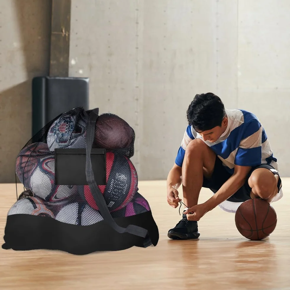 Sac pour ballons de football, 76 × 102 cm, sac de football en maille pour 8-15 ballons avec cordon de serrage et bandoulière
