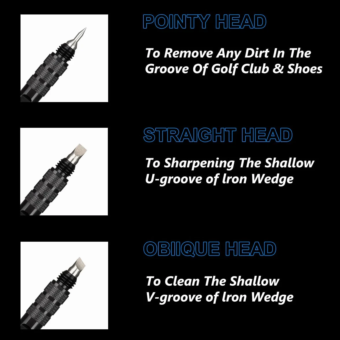 Aiguiseur de rainures 3 en 1 pour clubs de golf - Outil de nettoyage en aluminium avec cordon rétractable