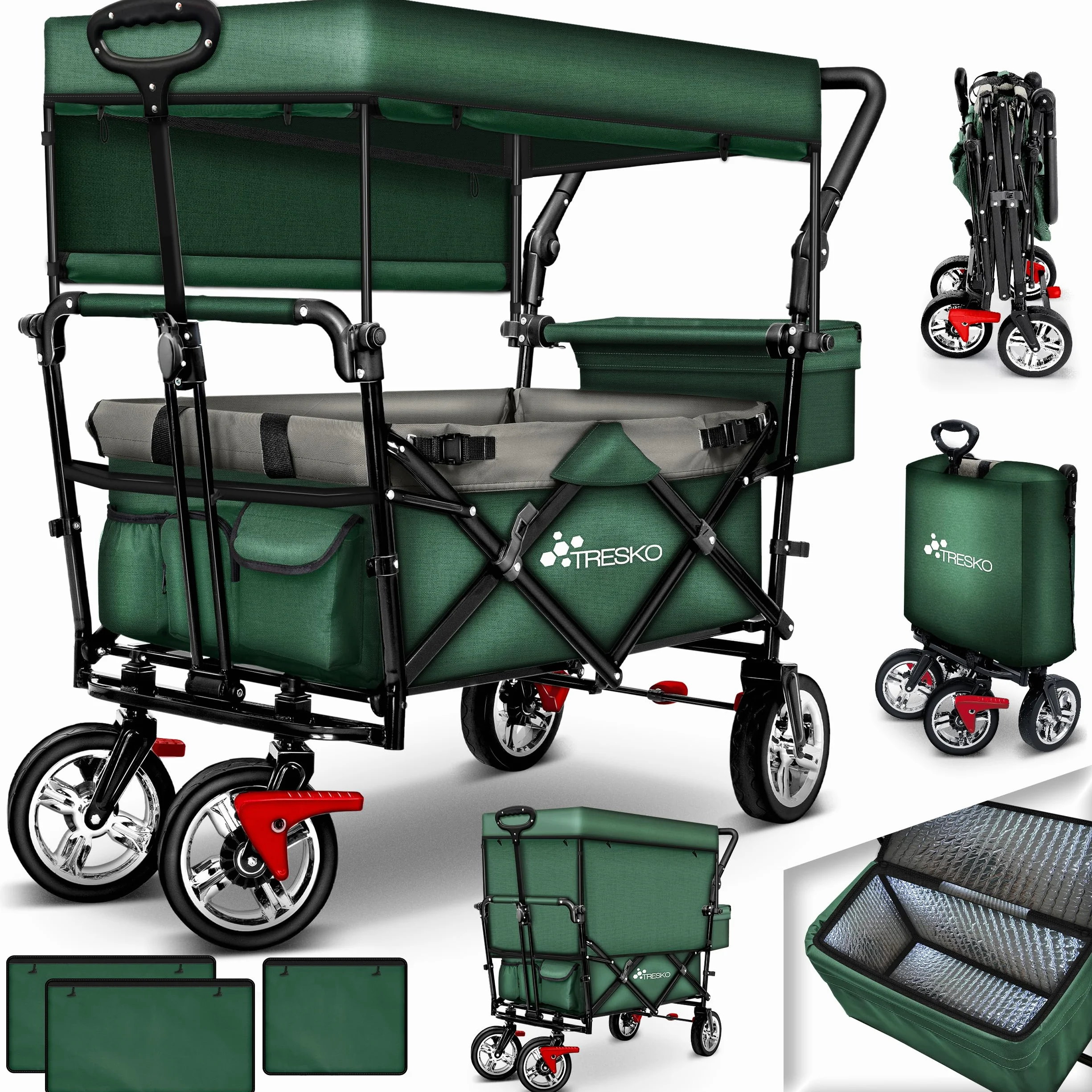 TRESKO Chariot de Transport Pliable avec Sac Isotherme et Frein pour Plage et Jardin