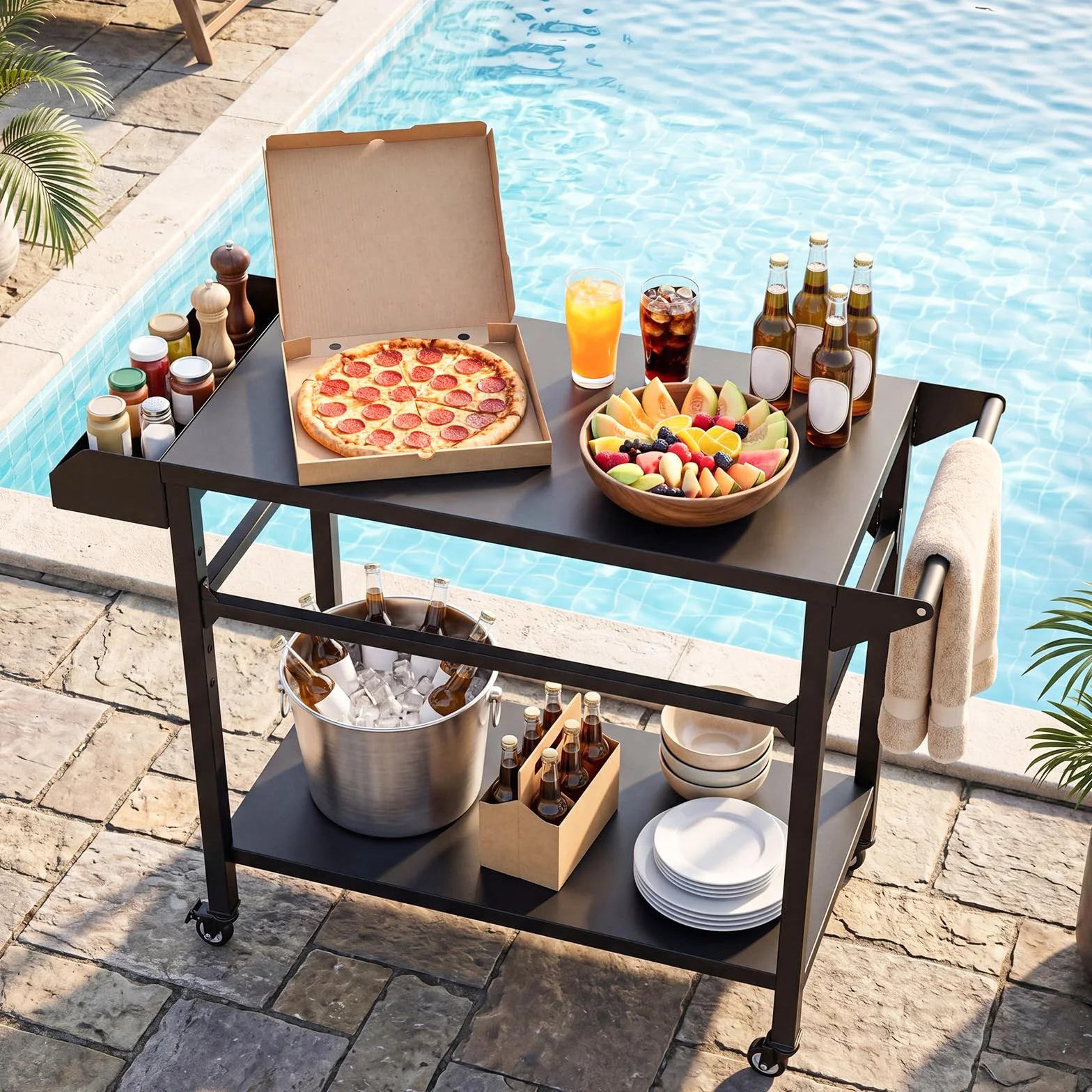 COSTWAY Chariot de Barbecue d'Extérieur 2 Niveaux, Table de Four à Pizza Mobile 100 x 45 x 80 cm