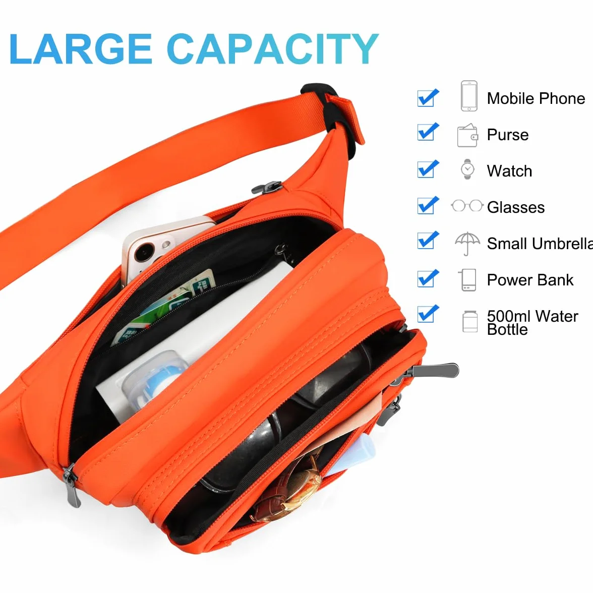 REETEE Sac Banane Homme Imperméable Sacoche Banane avec 5 Poches et Sangle Réglable, Grande Capacité Sac Banane pour Homme Femme Voyage Randonnée Pochette Ceinture (A-Orange)