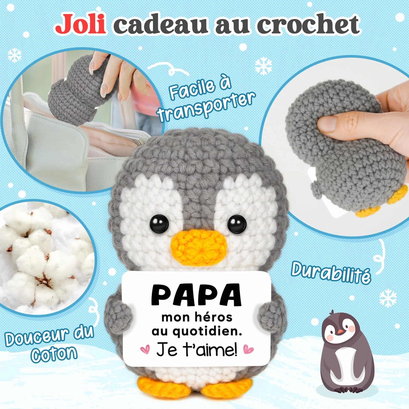 Gleevara Cadeau Fête des Pères - Pingouin Mignon Crocheté à la Main, Cadeau Anniversaire Homme