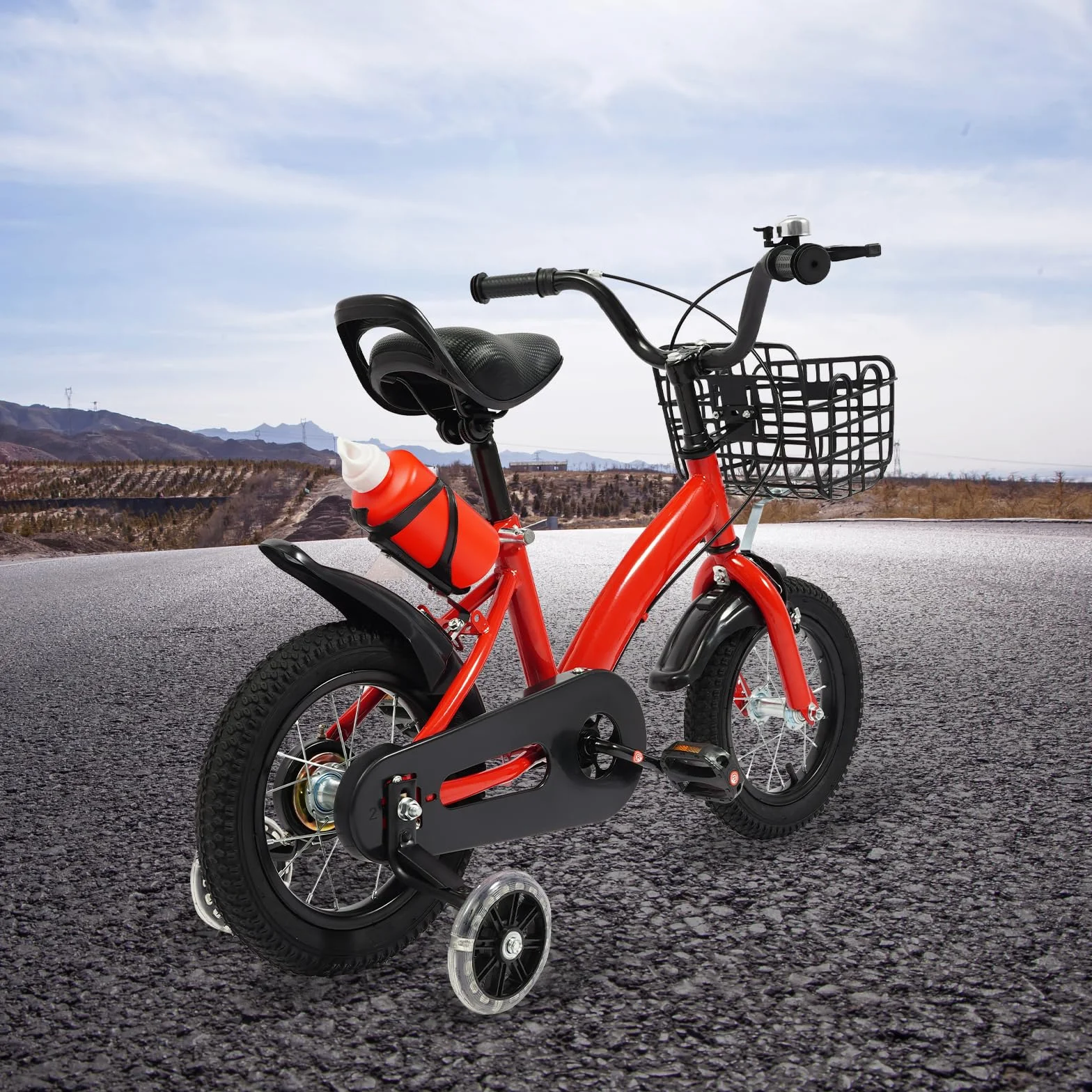 Vélo pour enfant 12" avec roues stabilisatrices, panier et bouteille d'eau