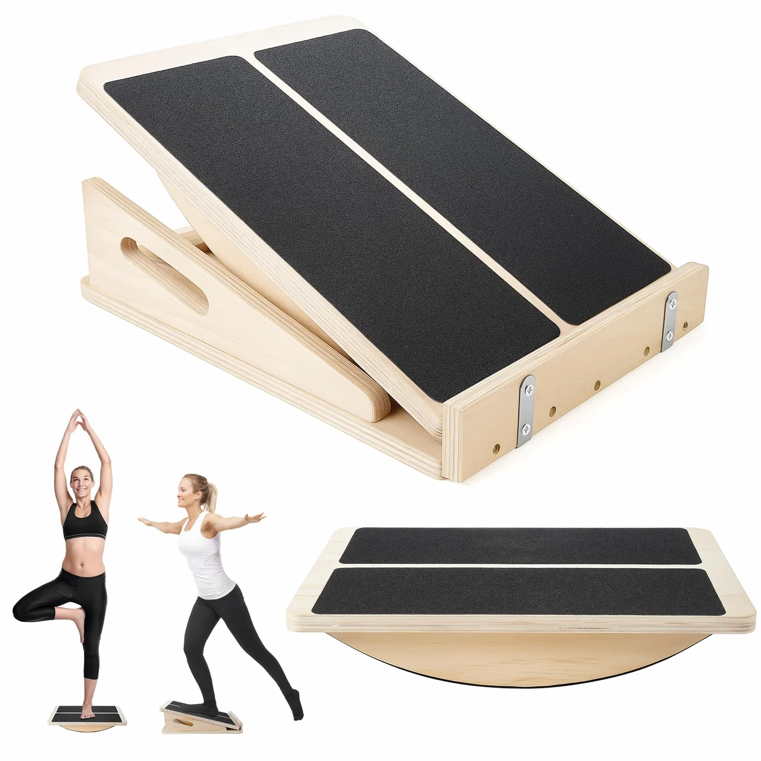 Planche d'Équilibre et d'Étirement 2-en-1 en Bois – 4 Angles Réglables, Pliable, avec Tapis Antidérapant, pour Mollets, Équilibre & Gainage, Maison & Bureau