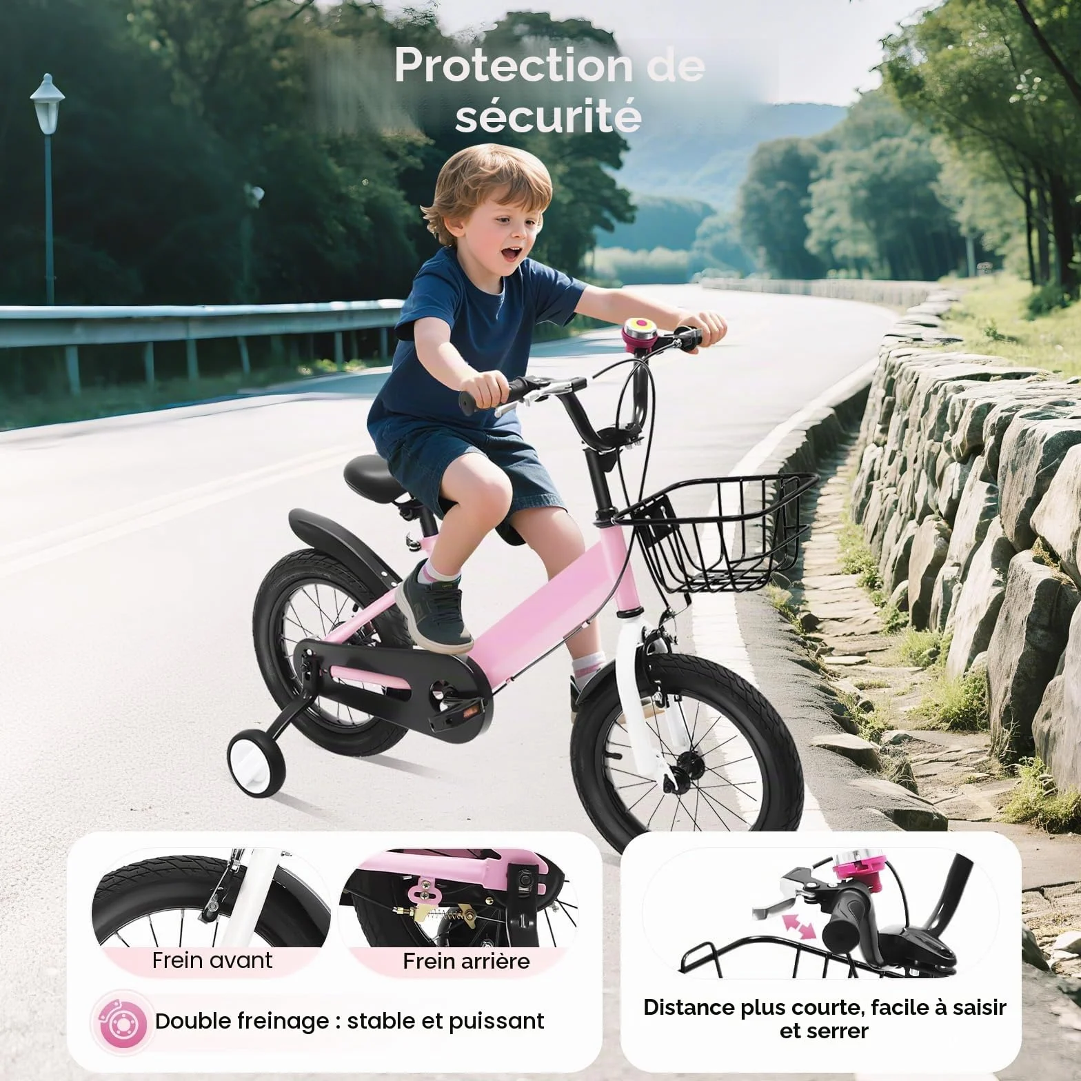 Vélo Enfant de 14 Pouces pour Garçons et Filles à partir de 3 à 7 Ans avec Roues Stabilisatrices et Panier - Hauteur Réglable - Rose