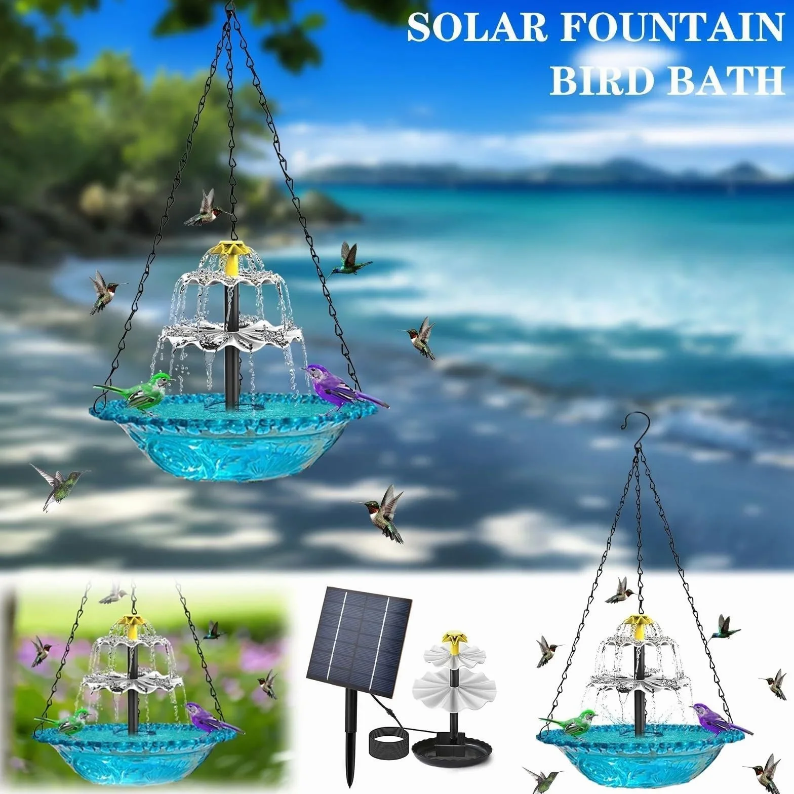 Fontaine Solaire Oiseaux Abreuvoir Suspendu Cascade Pompe Solaire Attire Colibri Bleu