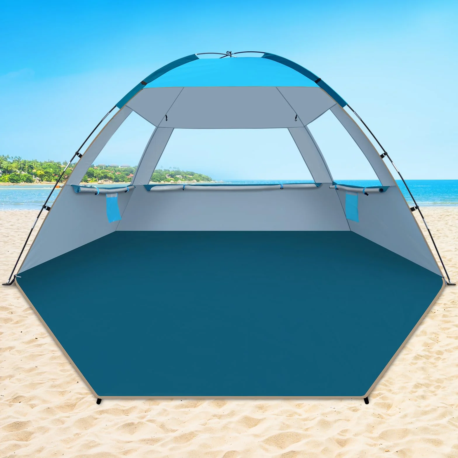 COMMOUDS Tente de Plage Anti UV pour 3-4 Personnes, Familiale, Facile à Installer Et à Transporter - Parasol pour Camping, Pêche, Extérieur