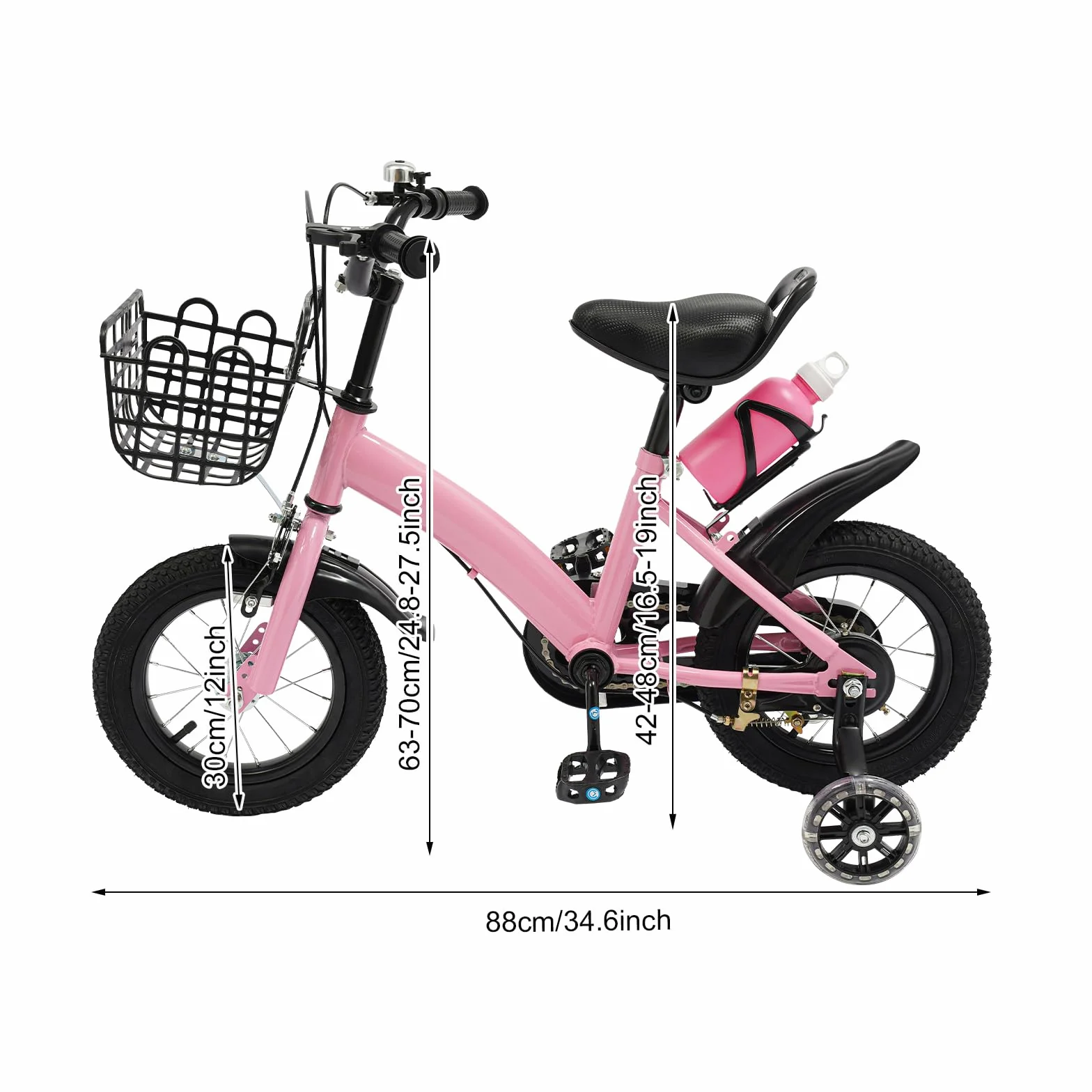 Vélo pour enfant de 12 pouces, avec roues stabilisatrices, panier et bouteille d'eau en rose, pour garçons et filles à partir de 2 à 5 ans, guidon réglable en hauteur, design amélioré avec