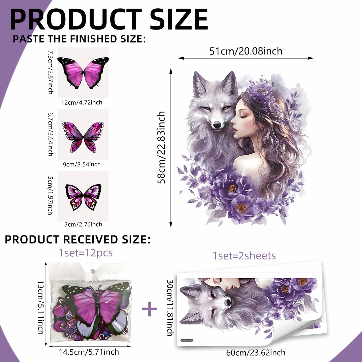 Autocollants muraux 3D loup papillon fleurs fée décoration chambre enfant