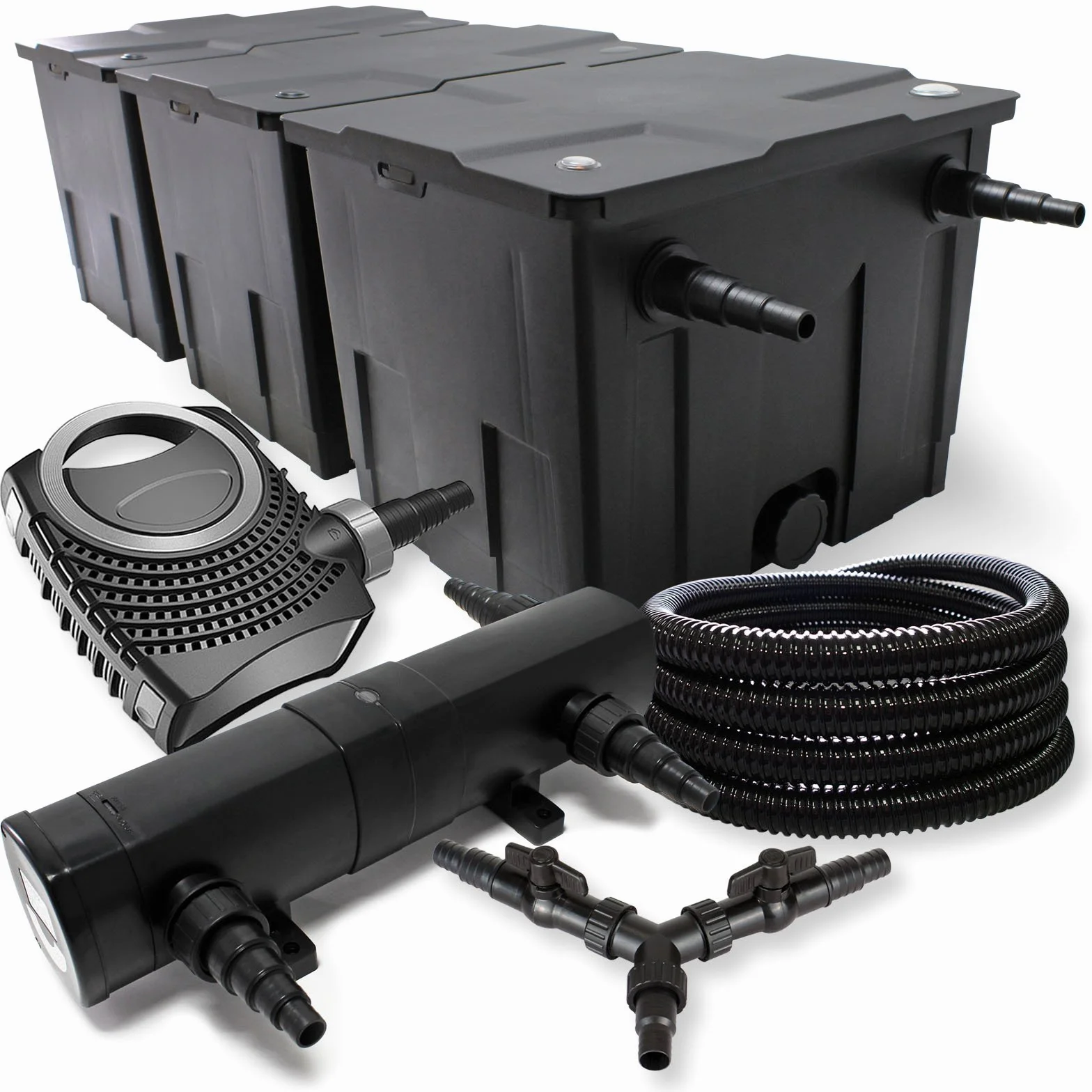 SunSun CBF-350C Kit Filtre Bassin 90000L Biologique NEO10000 Pompe 10000l/h 80W CUV-236 Lampe UVC 36W 25m Tuyau 25mm Y-distributeur