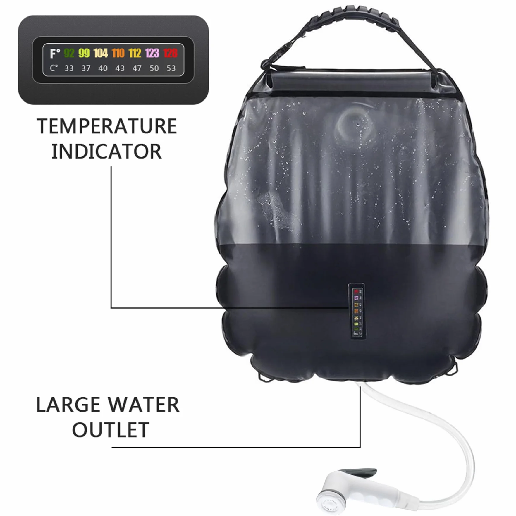 Sac de Douche Solaire Camping,20L Douche de Voyage avec Pomme de Douche,Solaire Sac de Douche,Pliant Extérieur pour Douche,Température 45 °C avec Commutable Tête de Douche,pour Randonnée Escalade