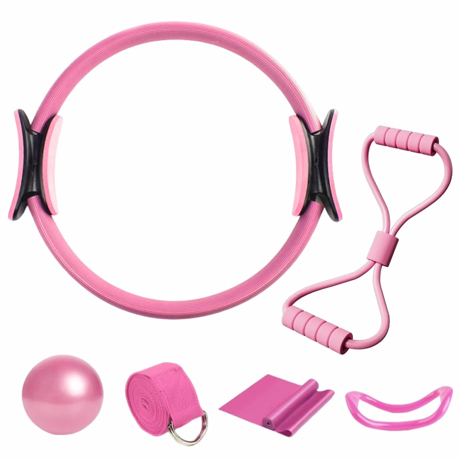 6 Pièces Kit Pilates Maison Accessoire Pilates Femme Kit: Yoga Ball, Resistance Bands, Pilate Ring, Yoga Band pour l'Entraînement à Domicile et en Studio (Rose)