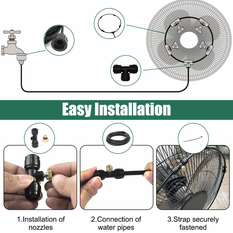Kit brumisation ventilateur extérieur 3 m 5 buses laiton valve contrôle eau
