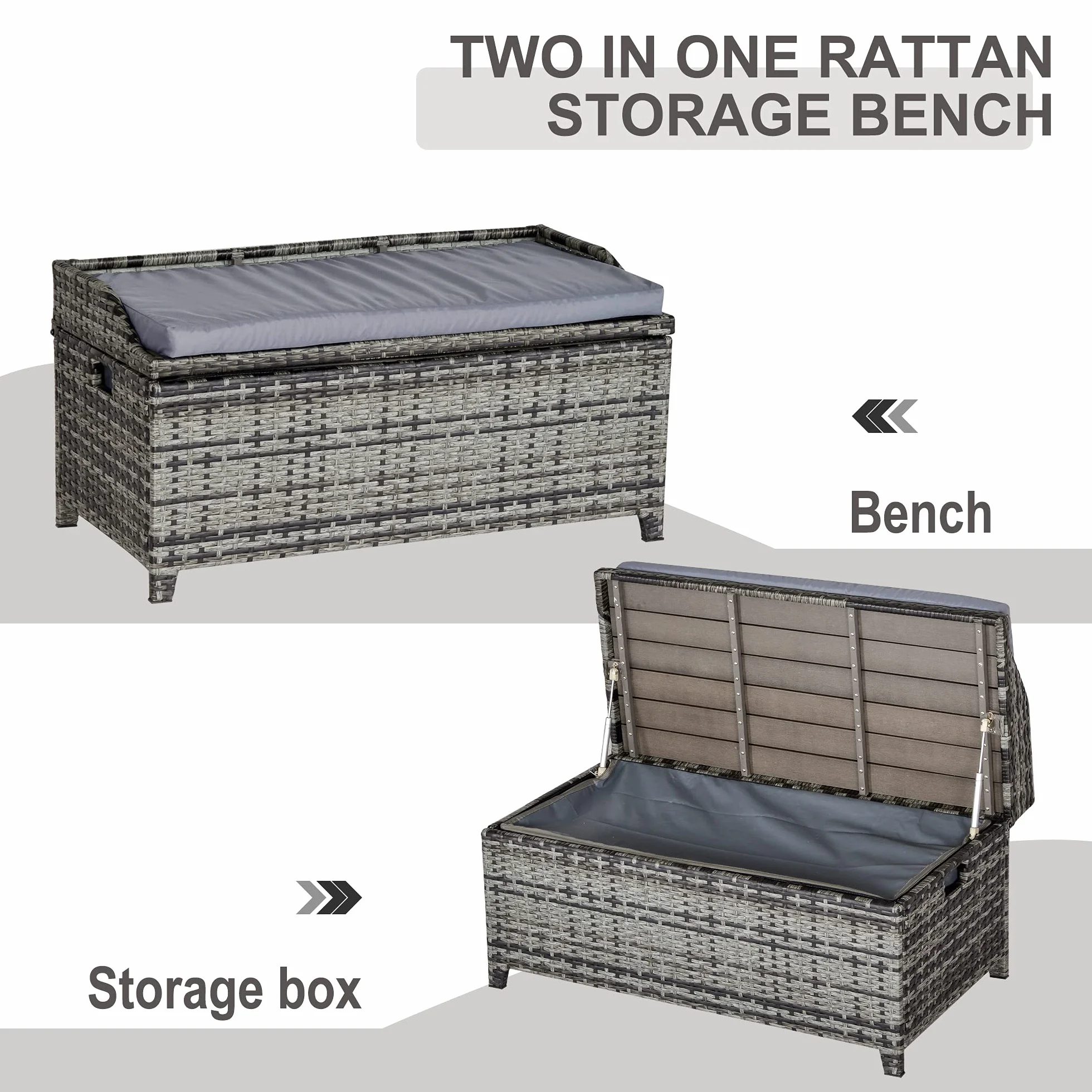 Outsunny Banc de rangement extérieur en rotin PE, aluminium, gris mélangé