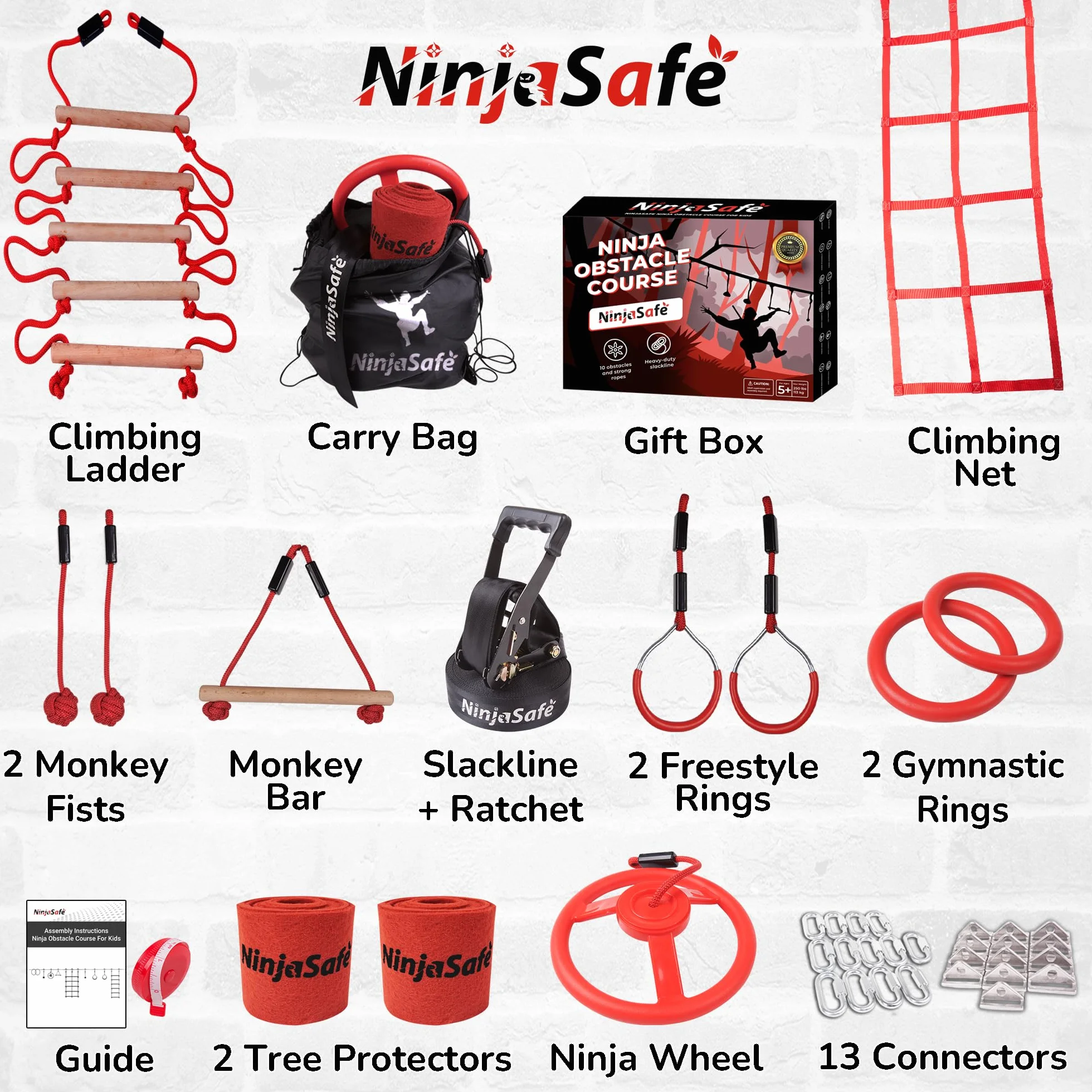 Parcours d'obstacles Ninja pour Enfants – 10 Obstacles durables et 15 m Slackline – Équipement de Jeu d'extérieur pour Filles et garçons avec Filet d'escalade, échelle, Roue, Gymnastique guerrière et