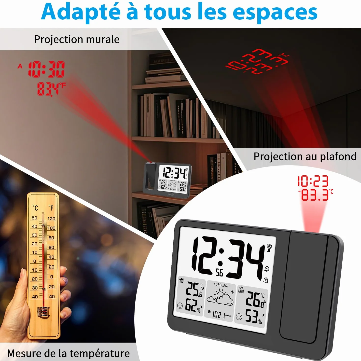 Uzoli EM3539E Réveil à Projection au Plafond avec Station Météo, Horloge Radio-piloté, Projecteur Rotatif 180°, Température, Humidité