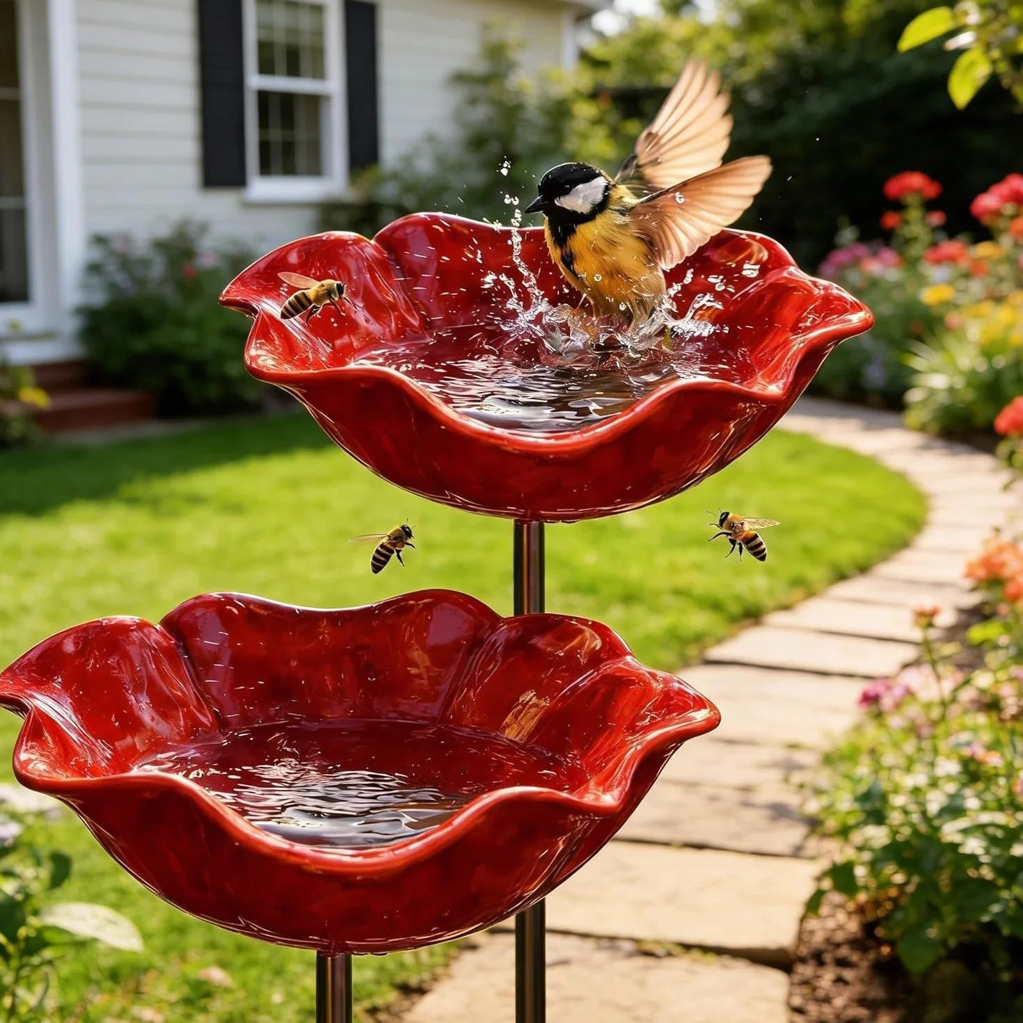 Abreuvoir Mangeoire Oiseaux Exterieur, Bain Oiseaux Extérieur Hauteur 60CM Rouge